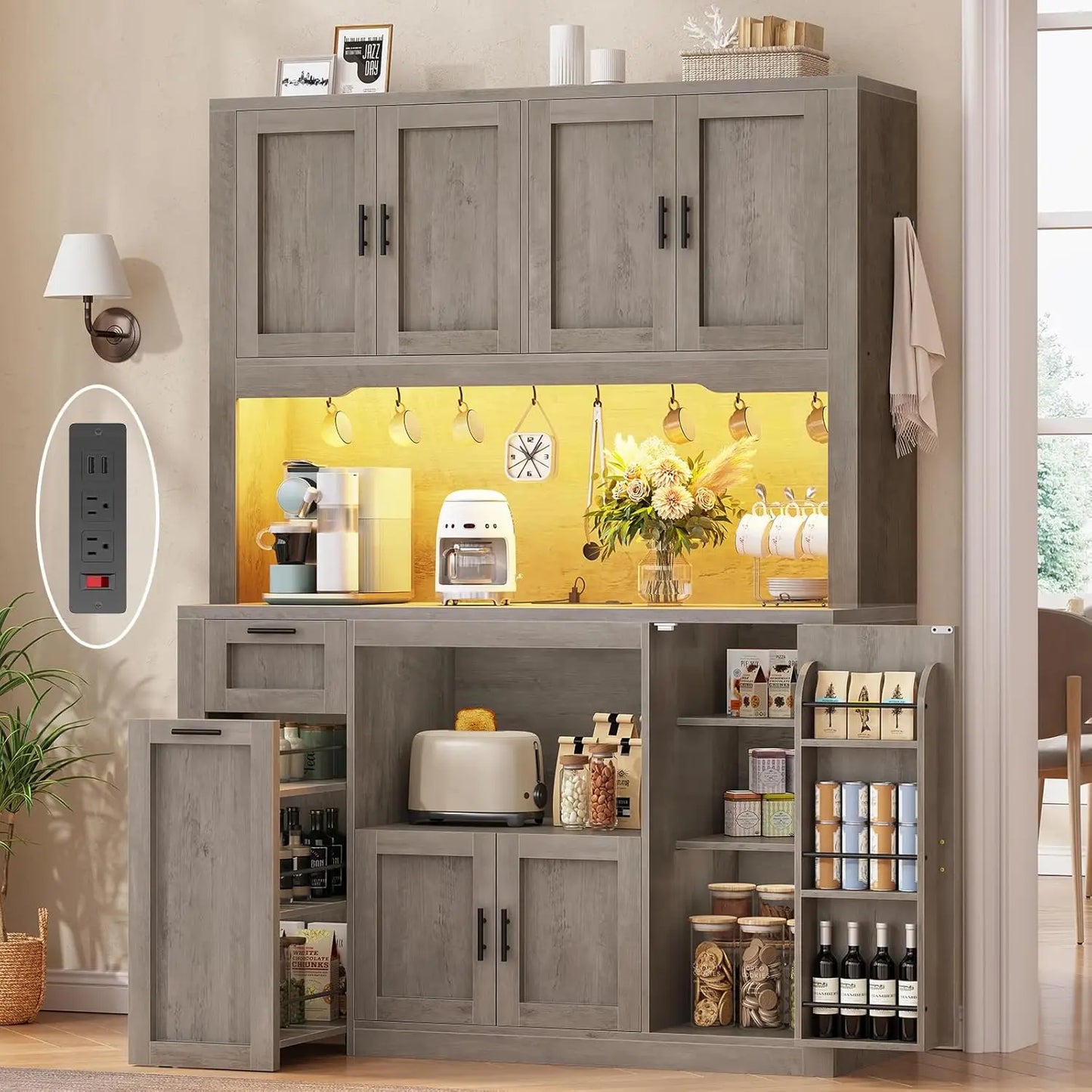 Pantry Cabinet With Charging Station And LED Light Microwave Stand