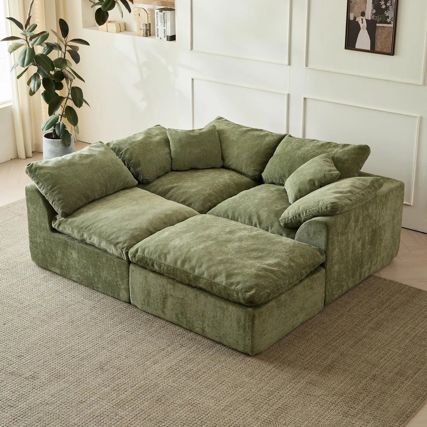 Yeflixvrau Modern Cloud L Shaped Chenille Sofa With Ottoman