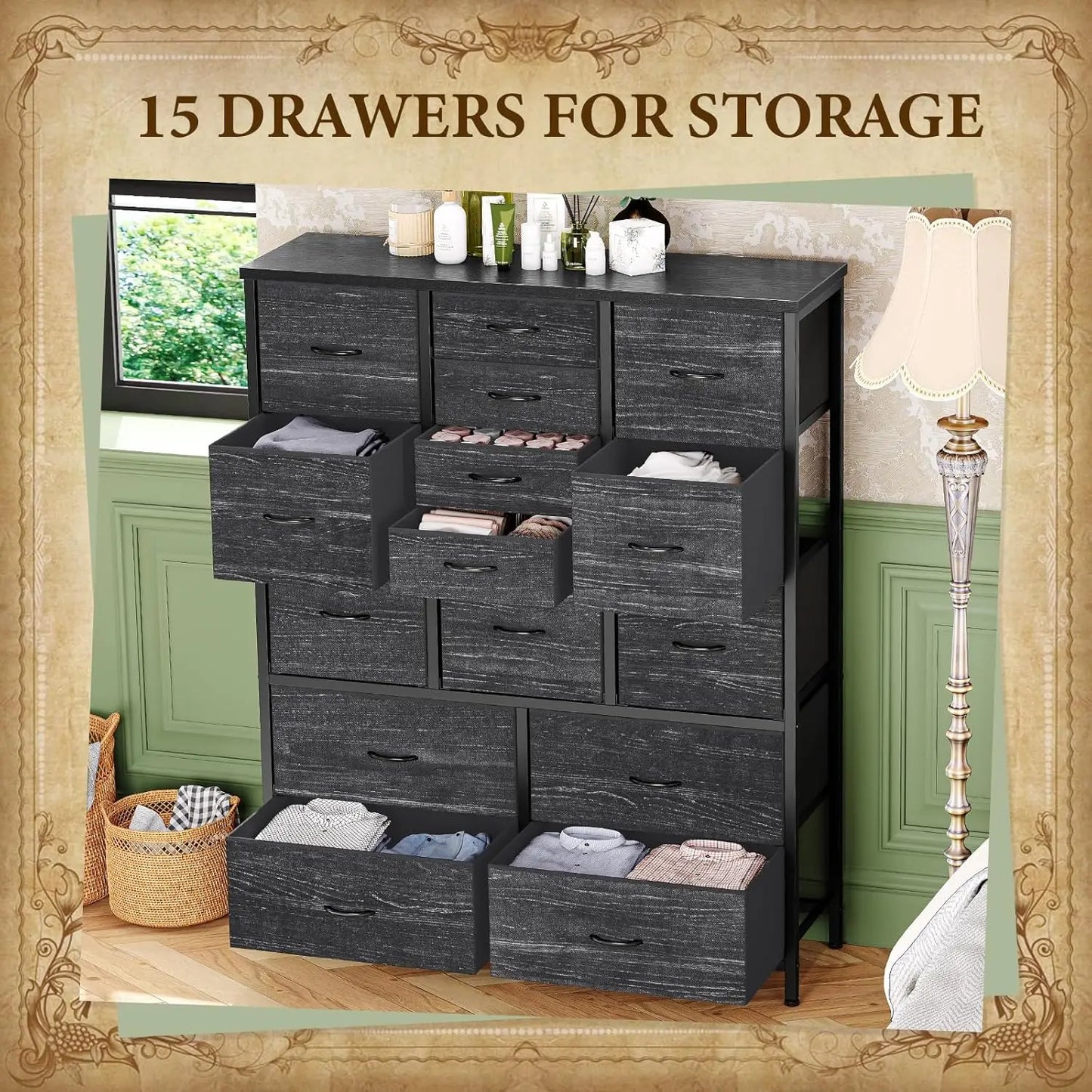 Fabric Tall Dresser With Wood Grain Top And Metal Frame