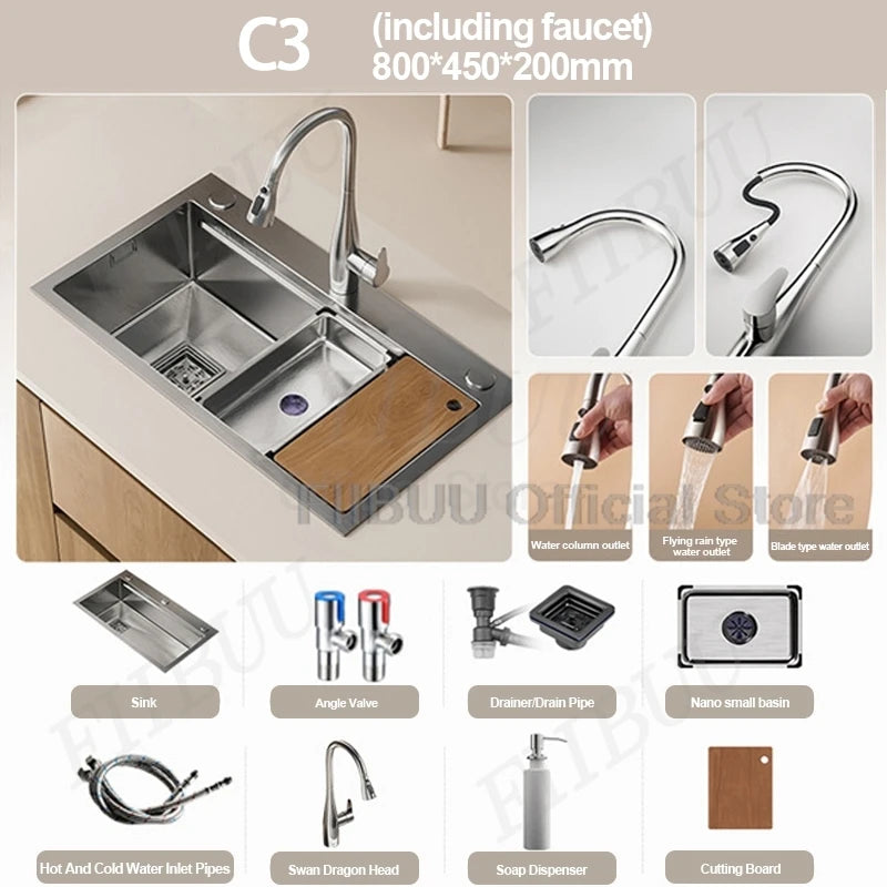 Slofy 304 Stainless Steel Kitchen Sink Undercounter Topmount Single Bowl Faucet