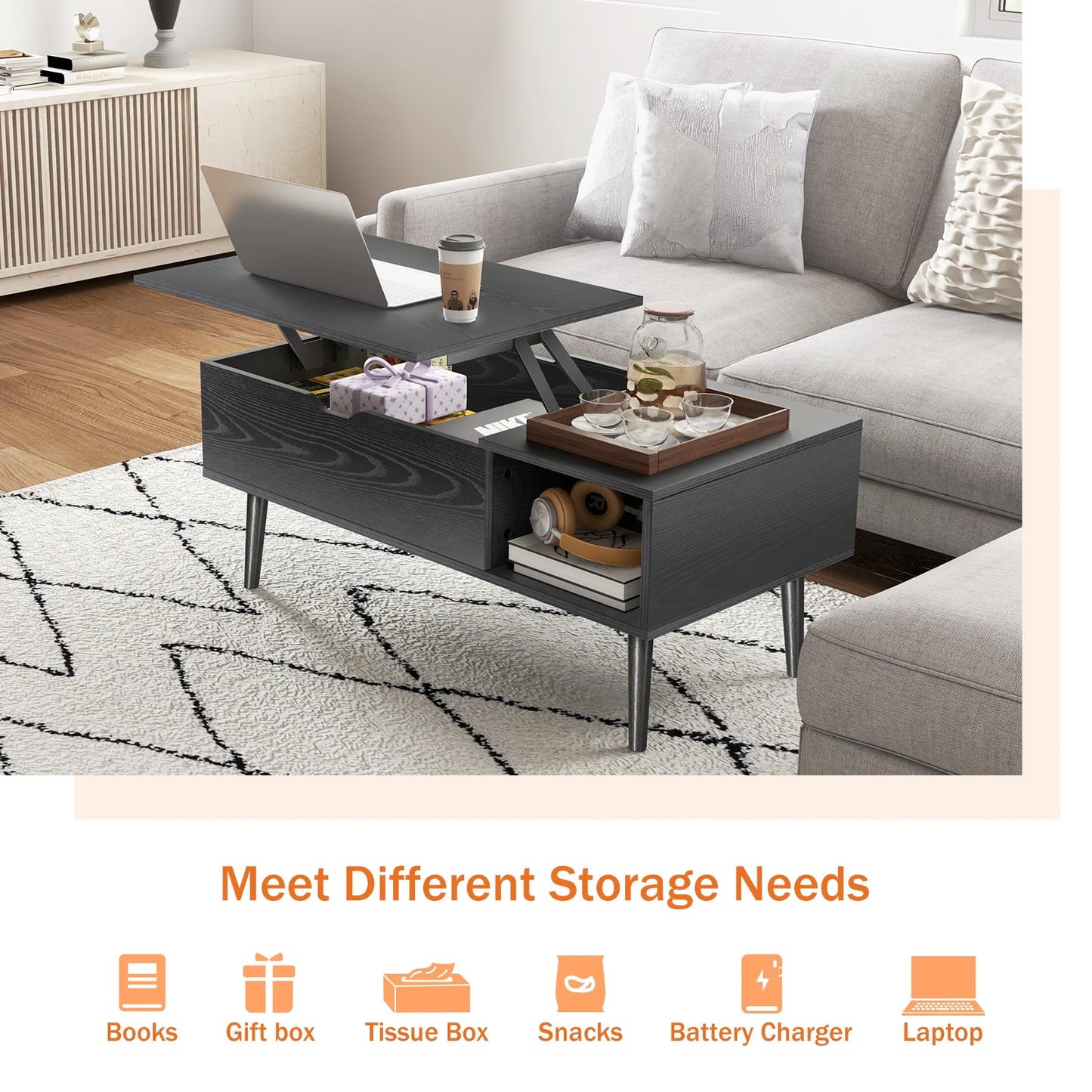 JHK Lift Top Coffee Table With Storage And Wood Desk