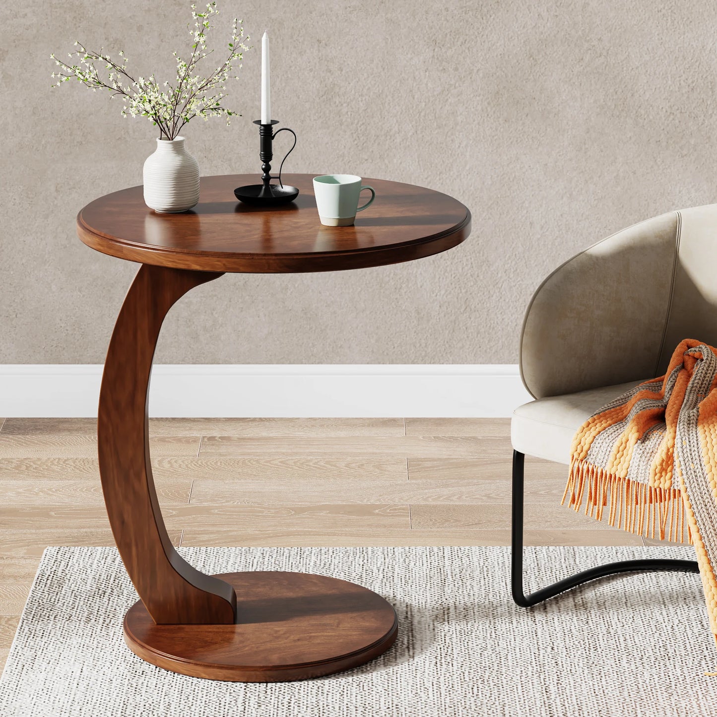 Tribesigns Round End Table Wood C Shaped Side Table Mid Century
