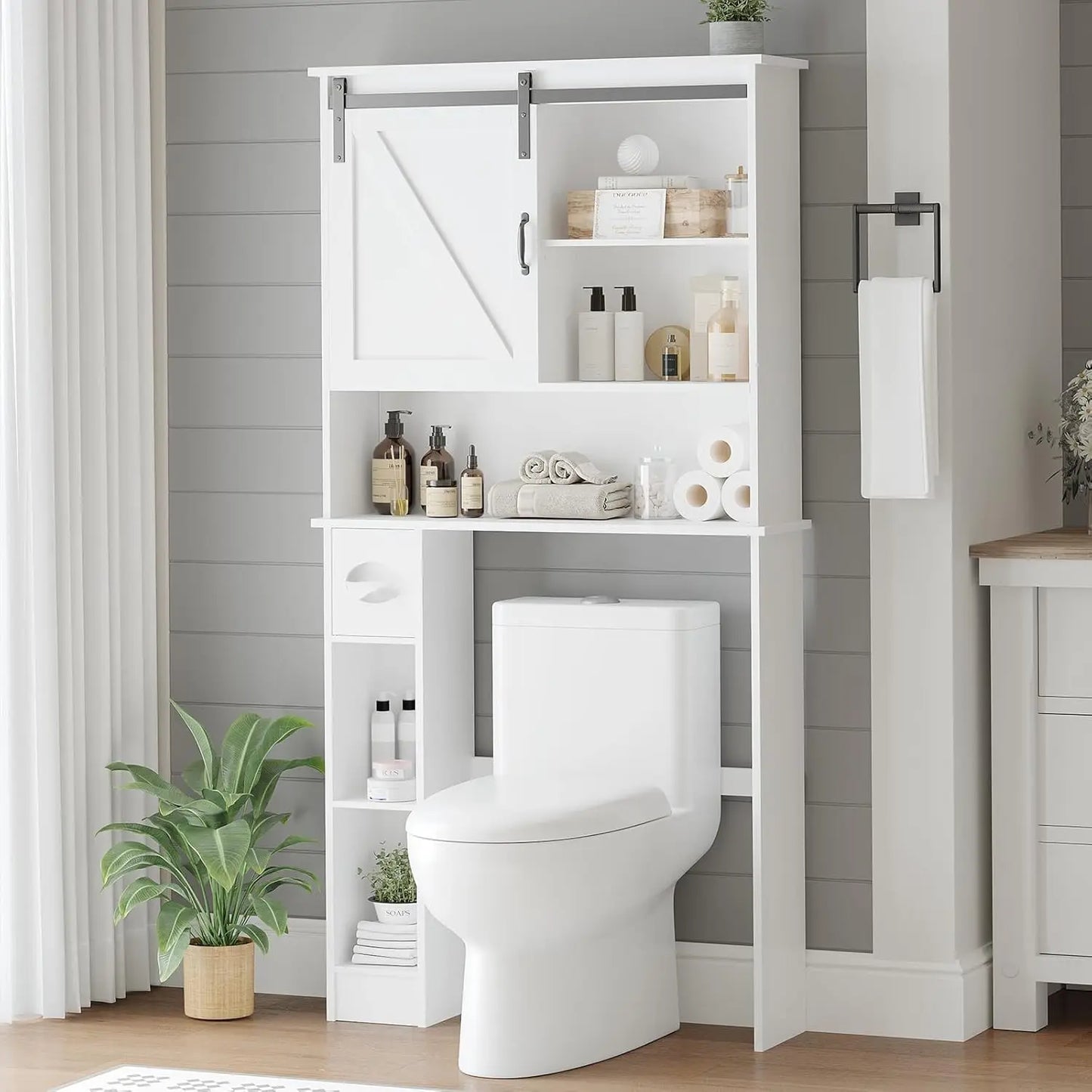 Over Toilet Cabinet With Sliding Barn Door And Built In Toilet Paper Holder