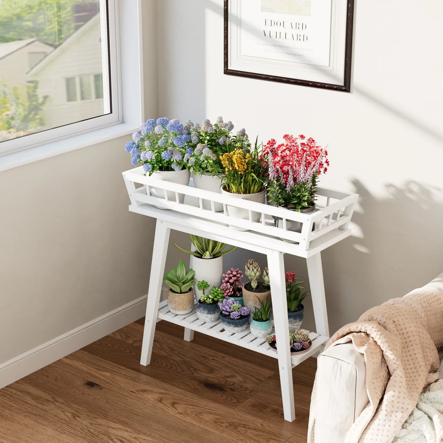 Bamboo Plant Stand Two Tier Garden Shelf For Balcony