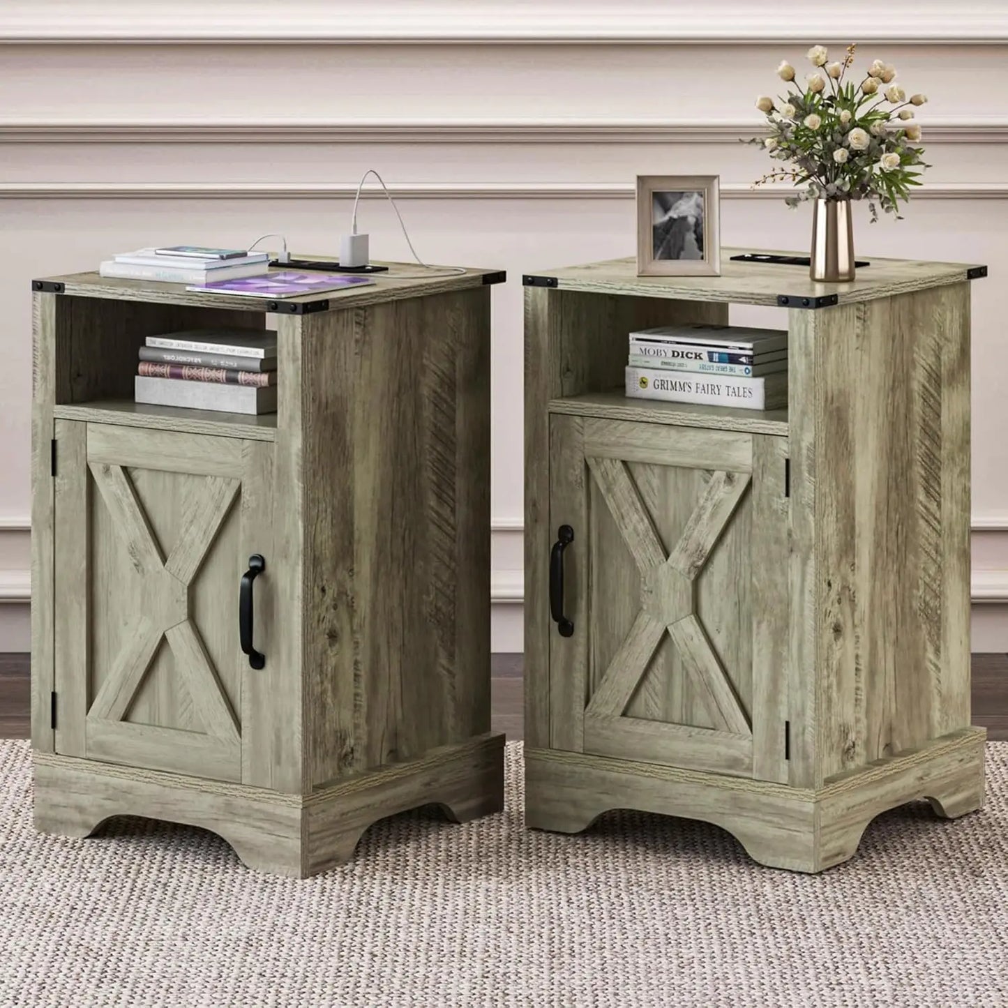 Farmhouse Nightstand Set Of 2 With Charging Station And Storage
