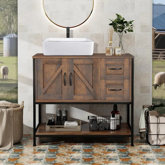 Rustic Farmhouse Bathroom Vanity With Ceramic Vessel Sink