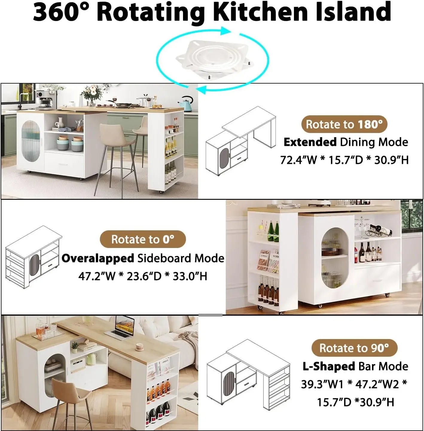 Rolling Kitchen Island With Swivel Table Drawers And Storage