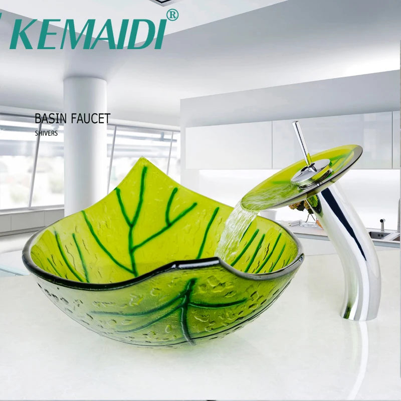 YANKSMART Leaf Shape Glass Vessel Sink With Waterfall Faucet
