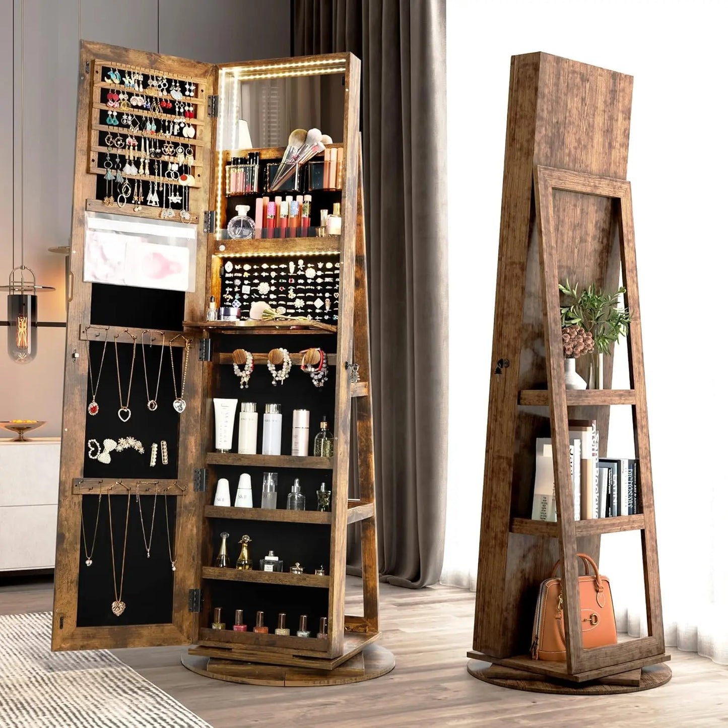 LED Jewelry Armoire With Lockable Mirror 360 Degree Rotation