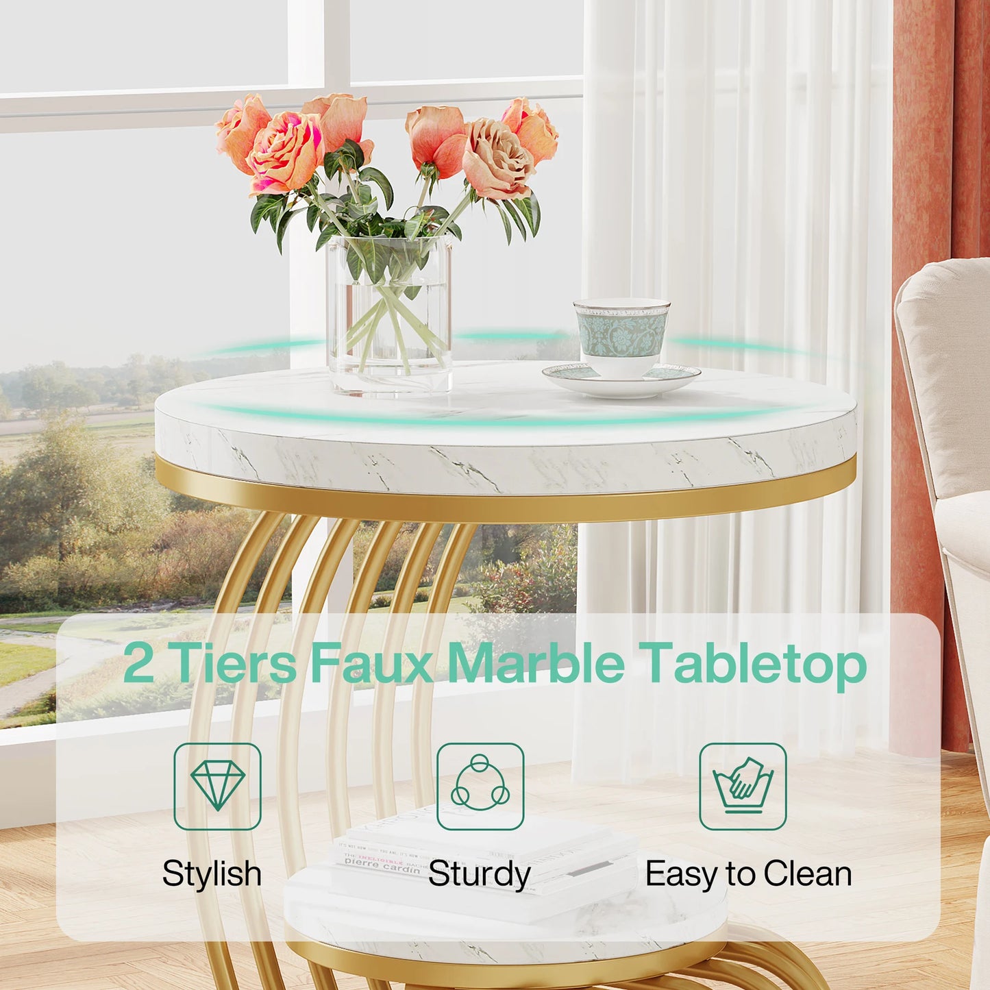 Tribesigns Round End Table 2 Tiers Faux Marble Shelf