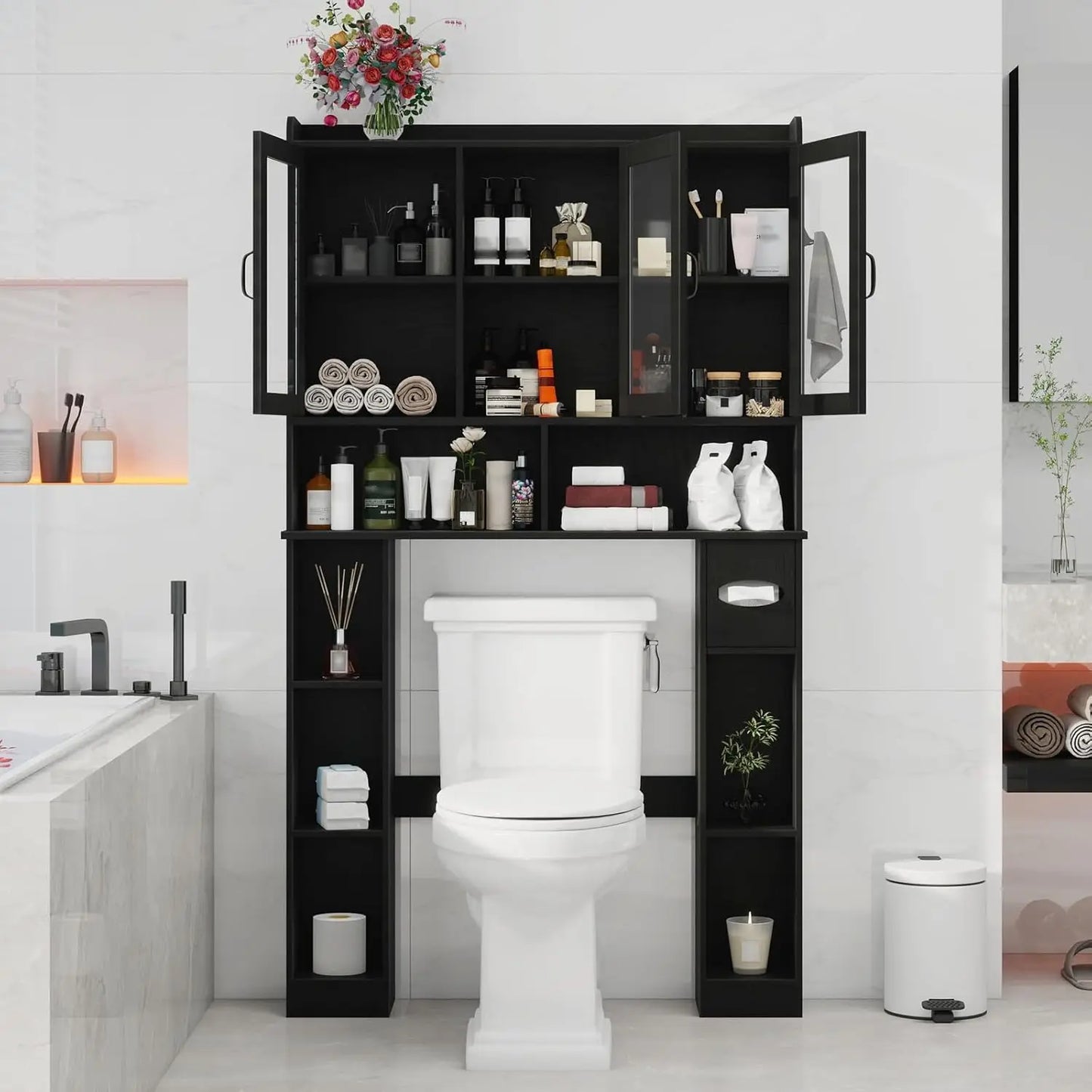Space Saving Over Toilet Storage Rack With Adjustable Glass Doors