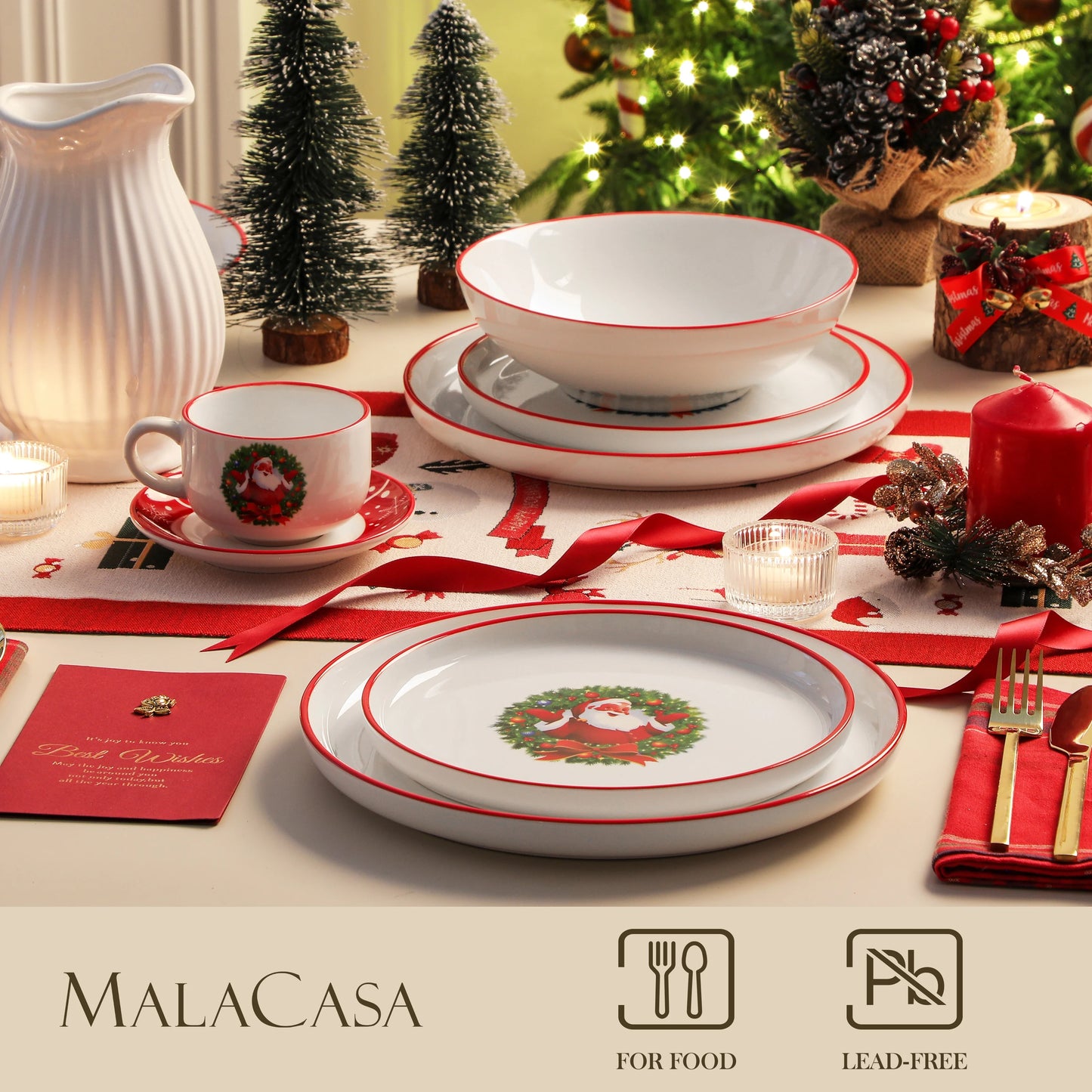 MALACASA Christmas Dinnerware Set Ceramic Plates Bowls Mugs