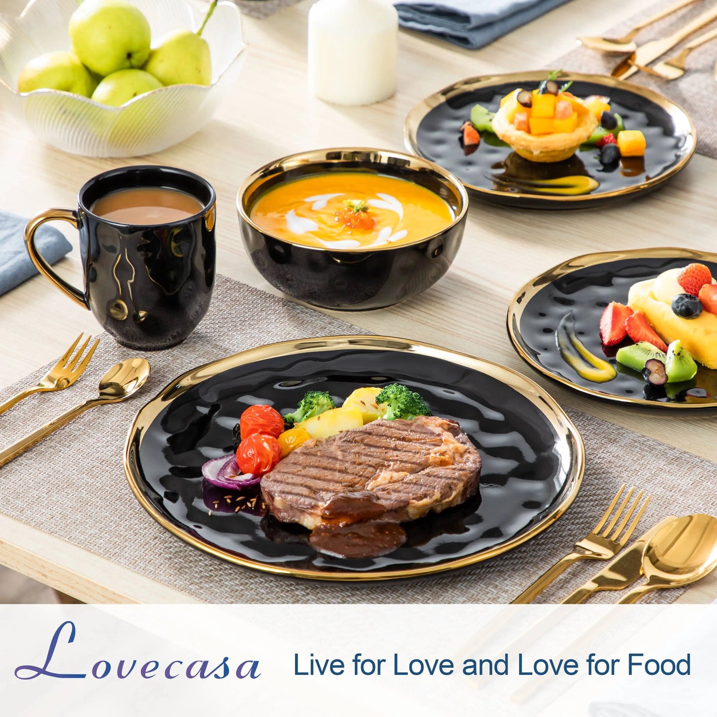 MALACASA Porcelain Dinnerware Set With Gold Trim Plates Cups Bowls