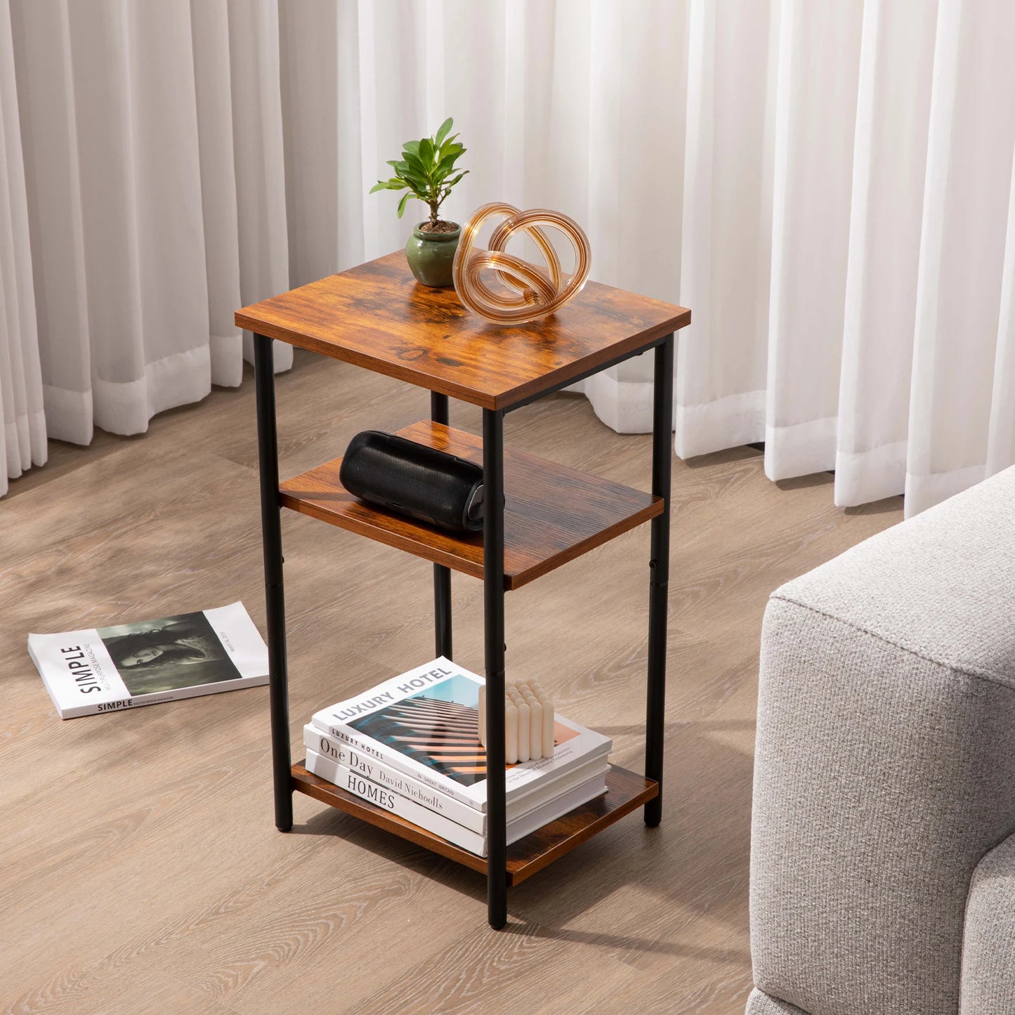 JHK 2-3-Tier End Table With Adjustable Feet Steel Frame