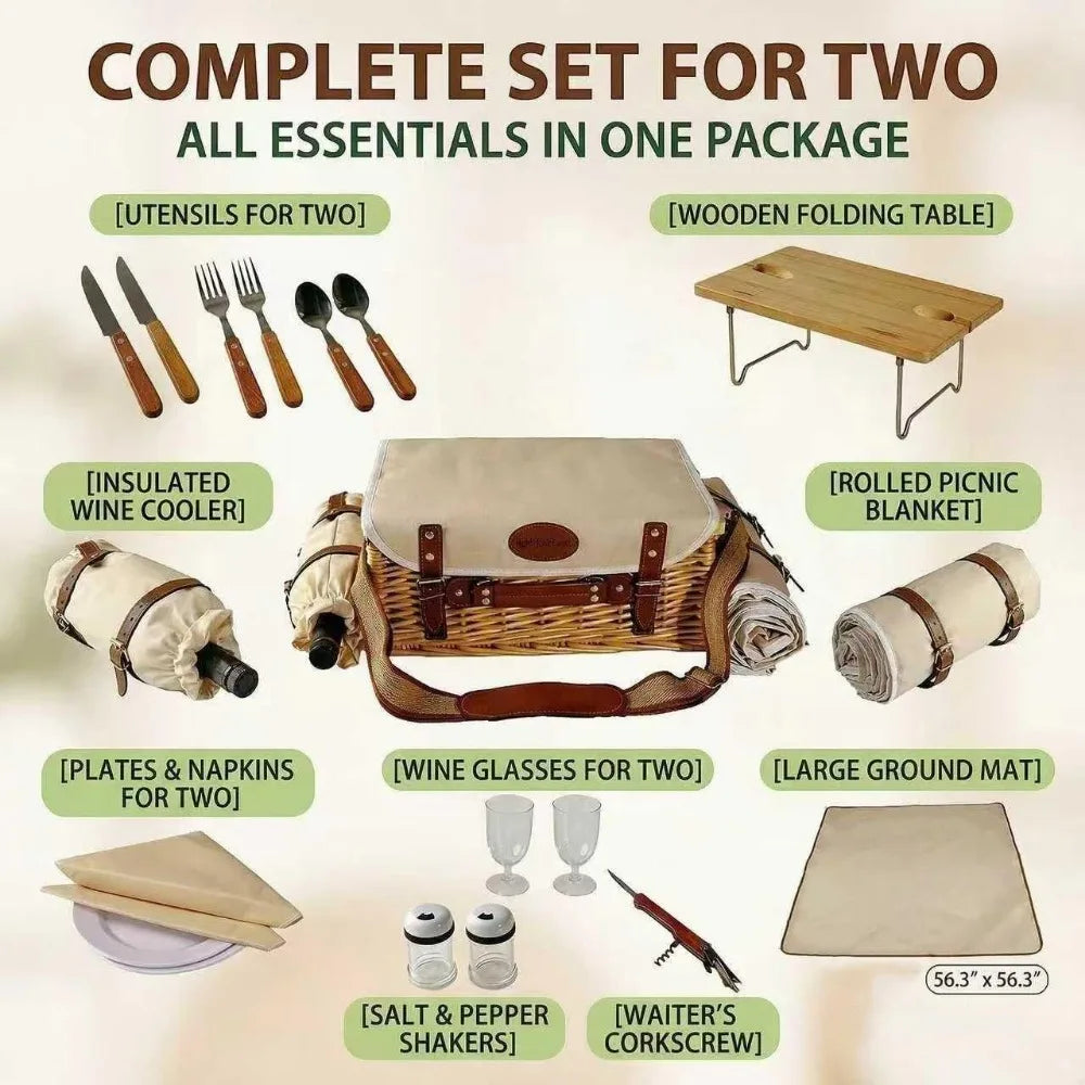 NBVCX Wicker Picnic Basket For Two With Insulated Wine Pouch And Tableware