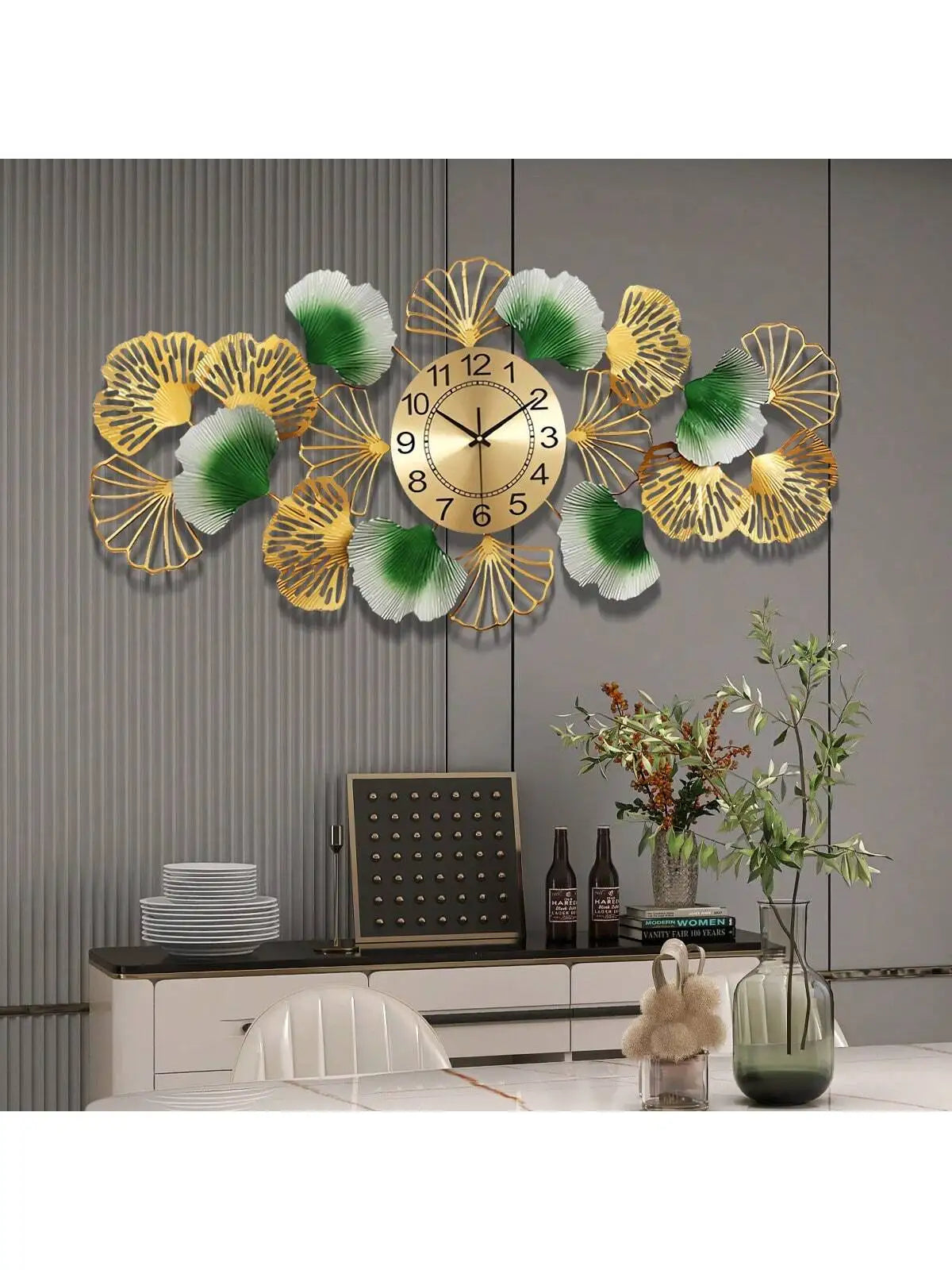 Ginkgo Leaf Silent Wall Clock 3D Metal Design Home Office