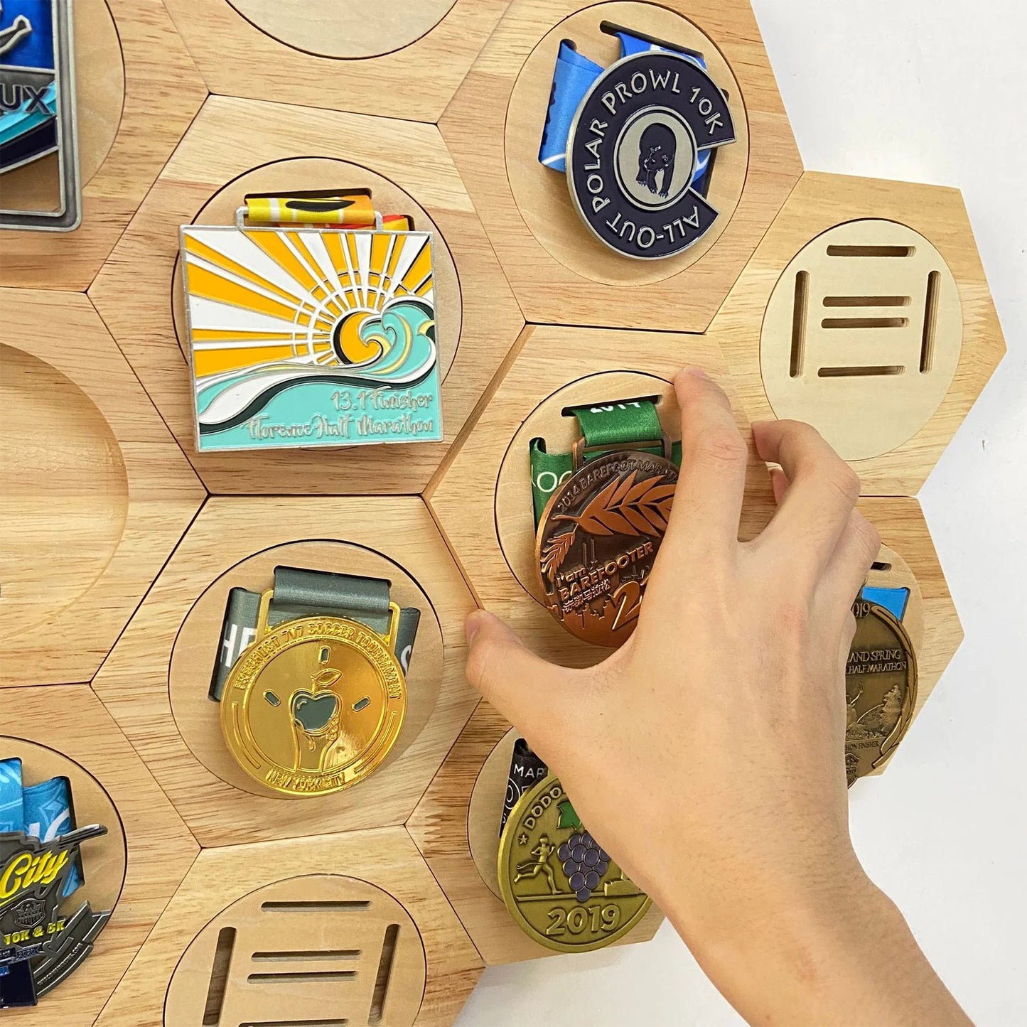 Hexagonal Honeycomb Wooden Medal Display Stand For Sports Track And Field
