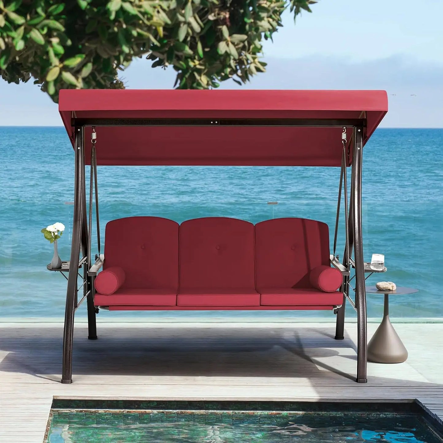 Three Person Porch Swing With Adjustable Canopy Cushioned Steel Frame