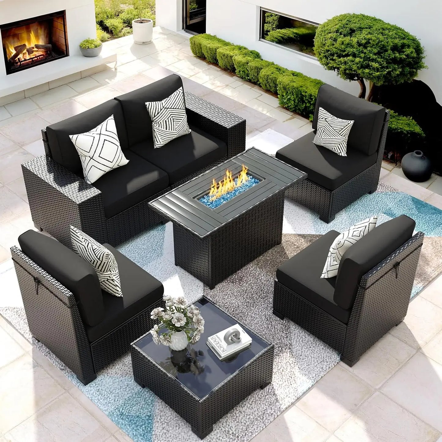XIAOLANG 7 Piece Patio Furniture Set With Fire Pit Table Outdoor