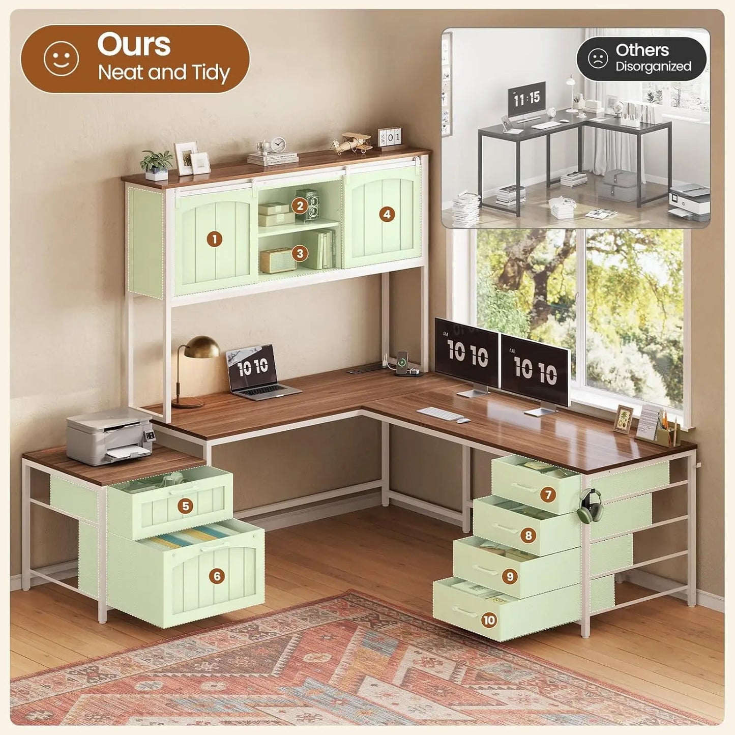 L Shaped Office Desk With 6 Drawers And Power Outlet