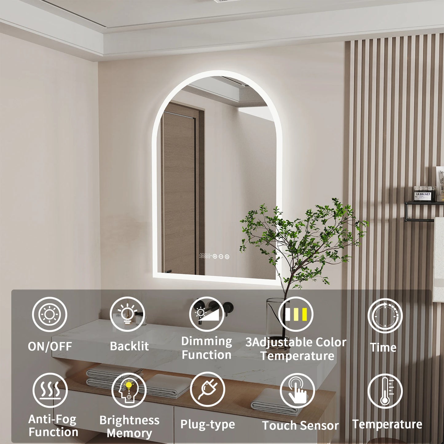 Wisfor Backlit Smart LED Bathroom Mirror Arched Dimmable Anti Fog