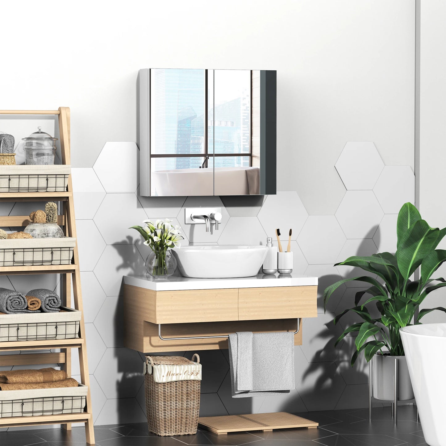 Kleankin Bathroom Mirrored Cabinet Wall Mounted Medicine Cabinet With Doors