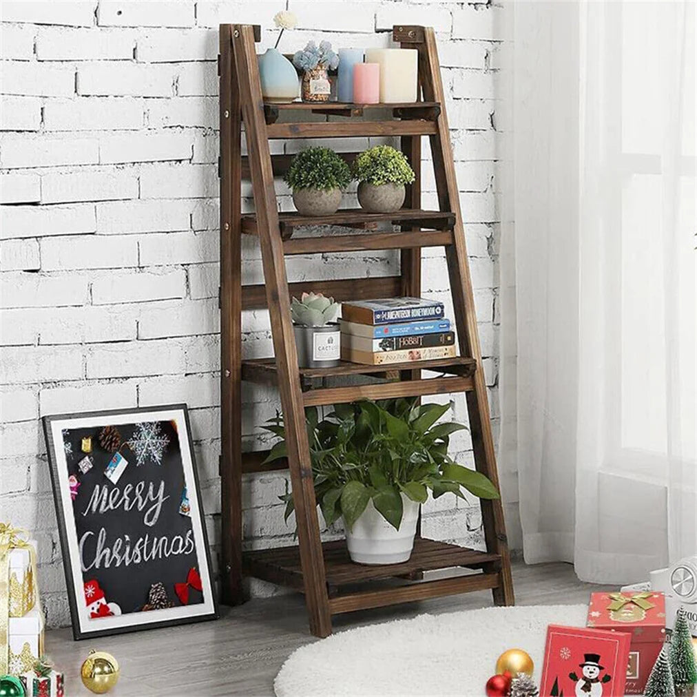 Folding 4 Tier Ladder Shelf Storage Unit Wooden Bookcase Rack