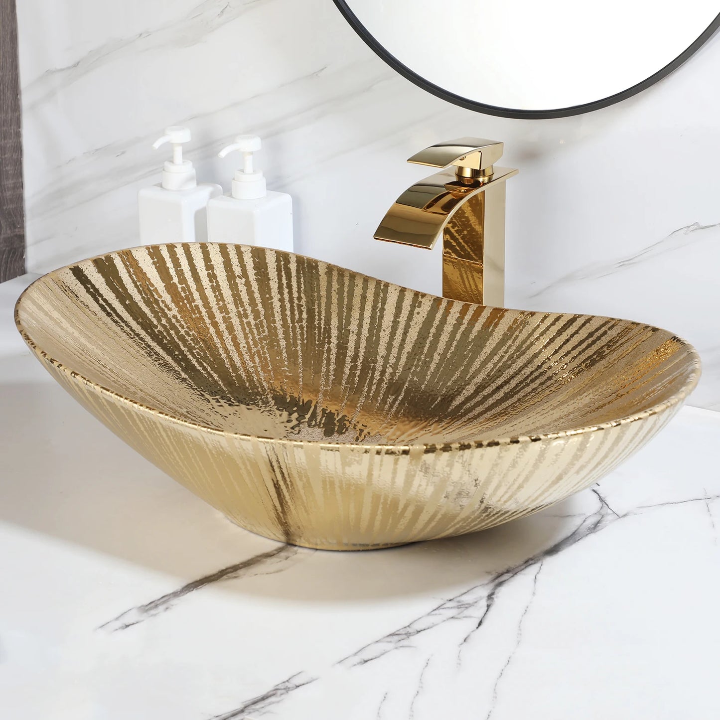 MEKKHALA KEMAIDI Vessel Sink Faucet And Drain Set Oval Ceramic