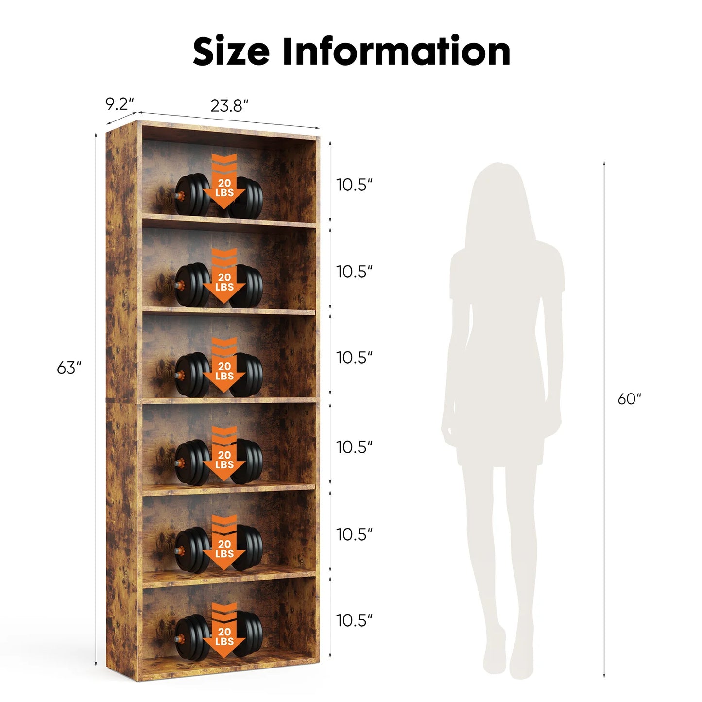 JHK 6 Tier Wooden Shelf Bookcase Floor Standing Storage Unit