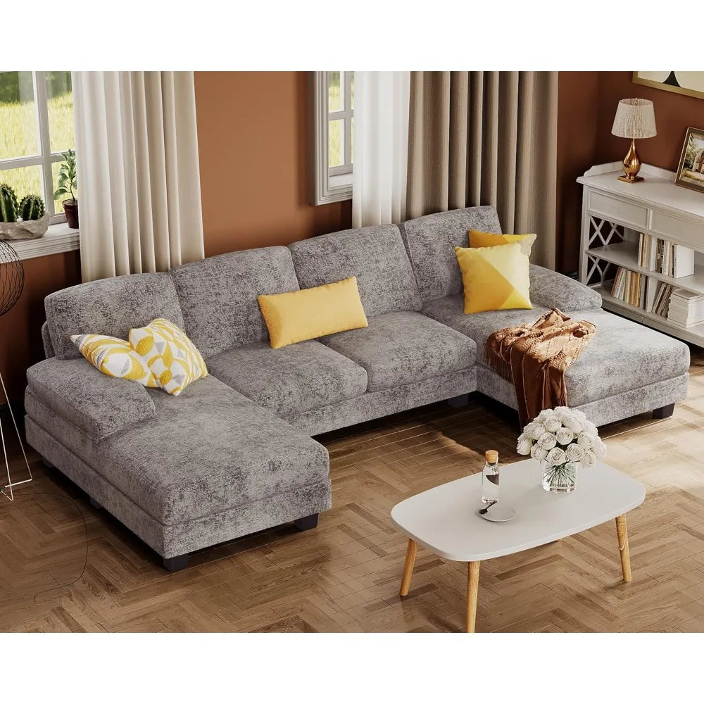 Combination U Shaped Sectional Sofa Linen Fabric Chaise 4 Seat