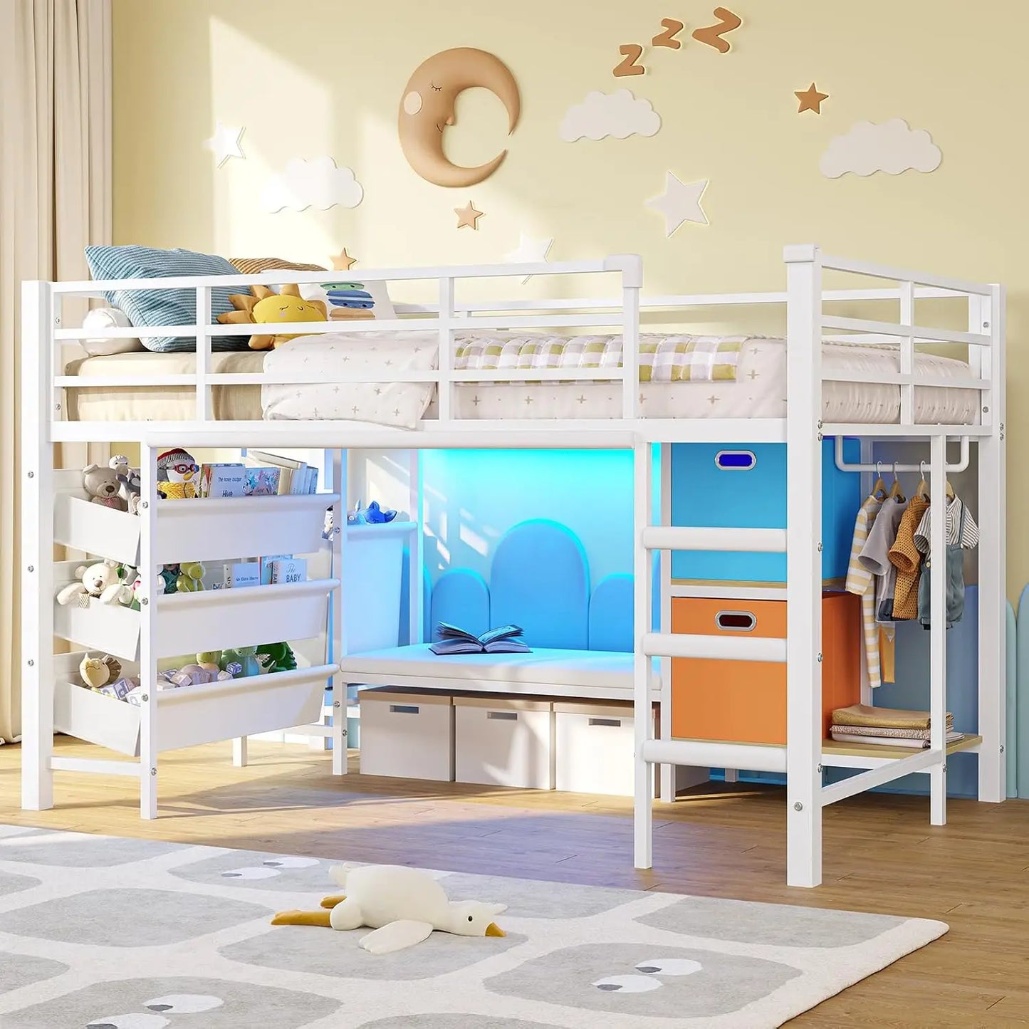 Twin Loft Bed With Reading Corner And LED Lights Guardrail
