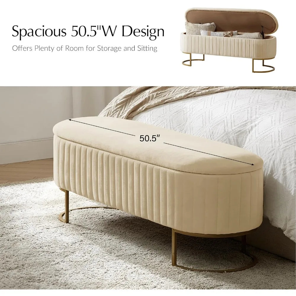 Storage Bench Ottoman With Velvet Upholstery And Flipping Lid Entryway Footrest