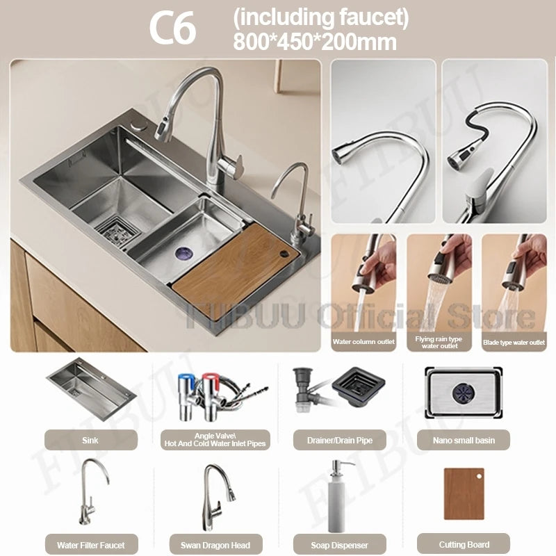 Slofy 304 Stainless Steel Kitchen Sink Undercounter Topmount Single Bowl Faucet
