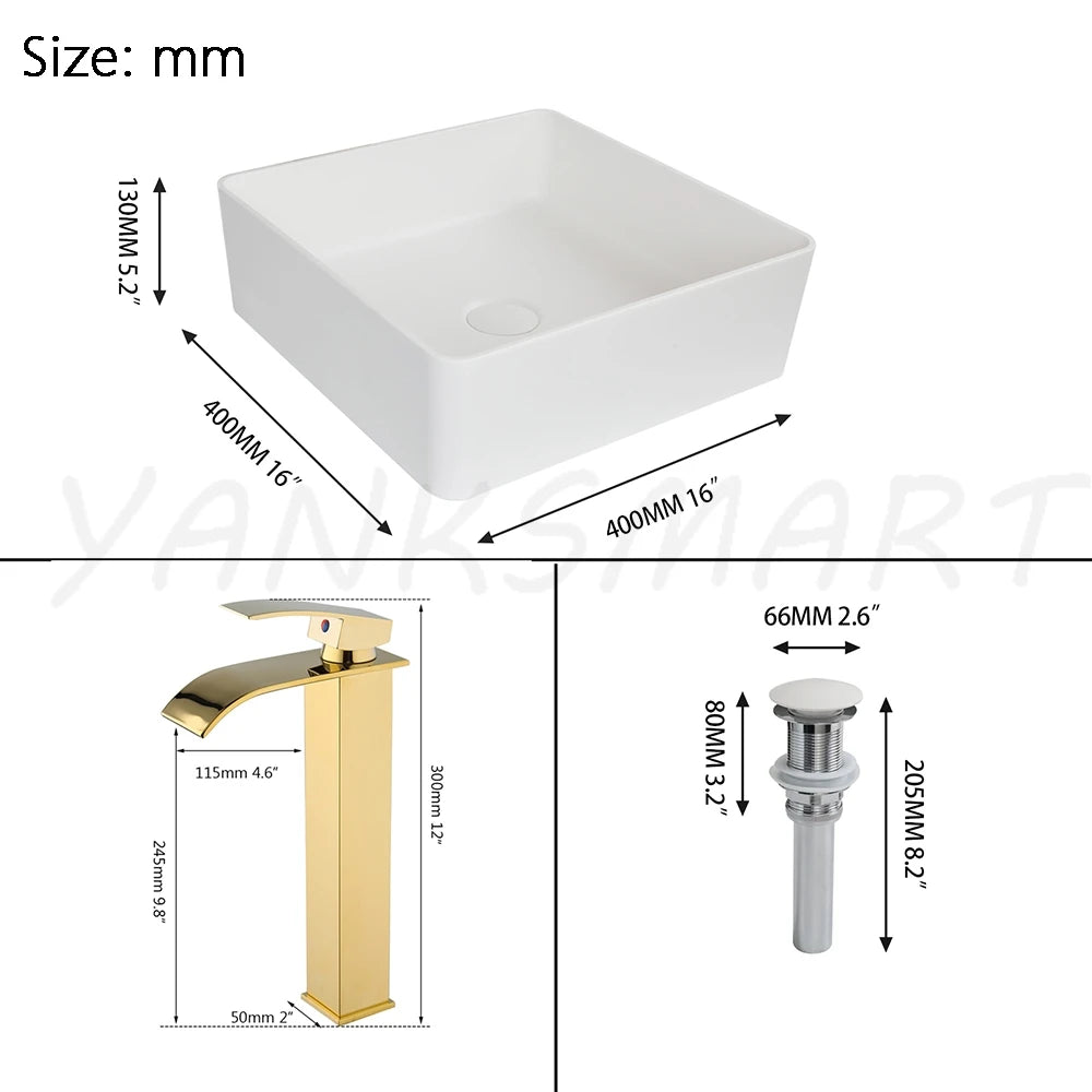 YANKSMART Artificial Stone Bathroom Vessel Sink with Waterfall Faucet
