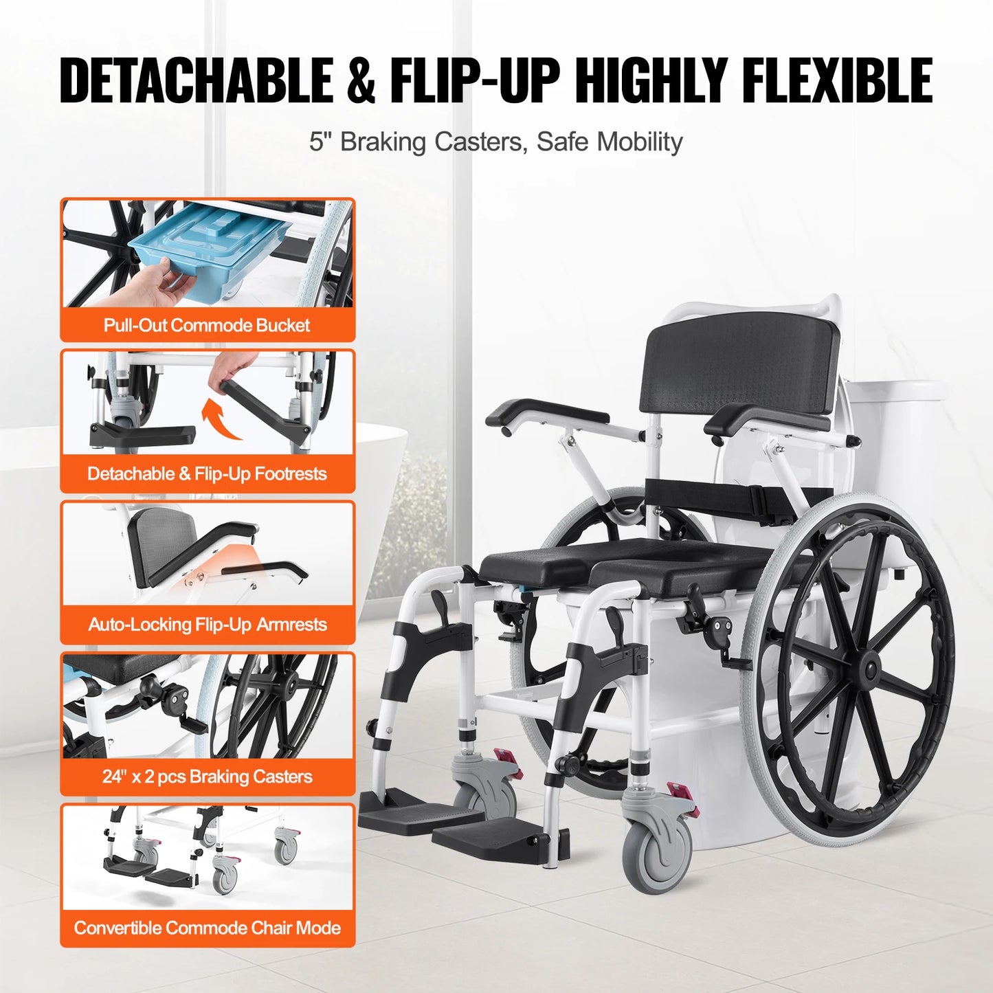 Shower Wheelchair Adjustable Rolling Chair For Disabled Adults