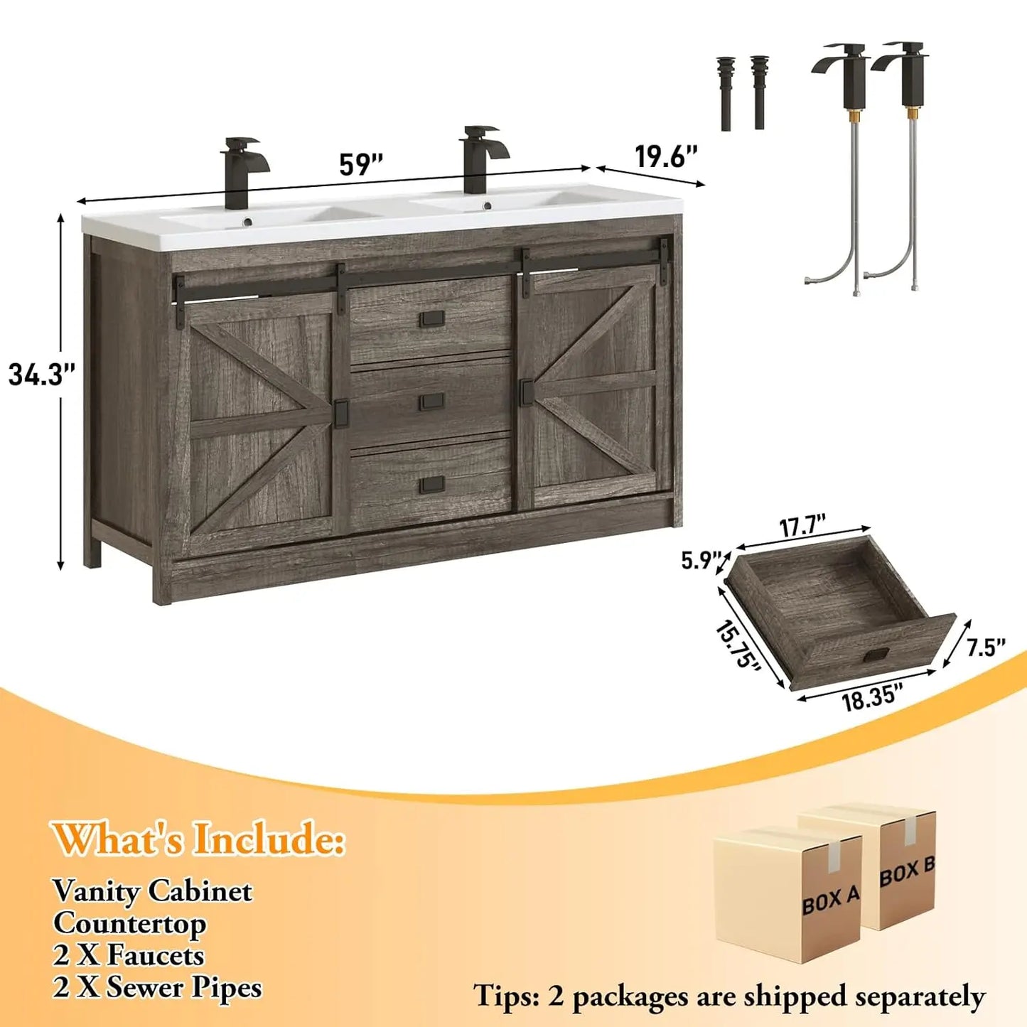 Double Bathroom Vanity With Sink Faucet And Sewer Pipes Cabinet