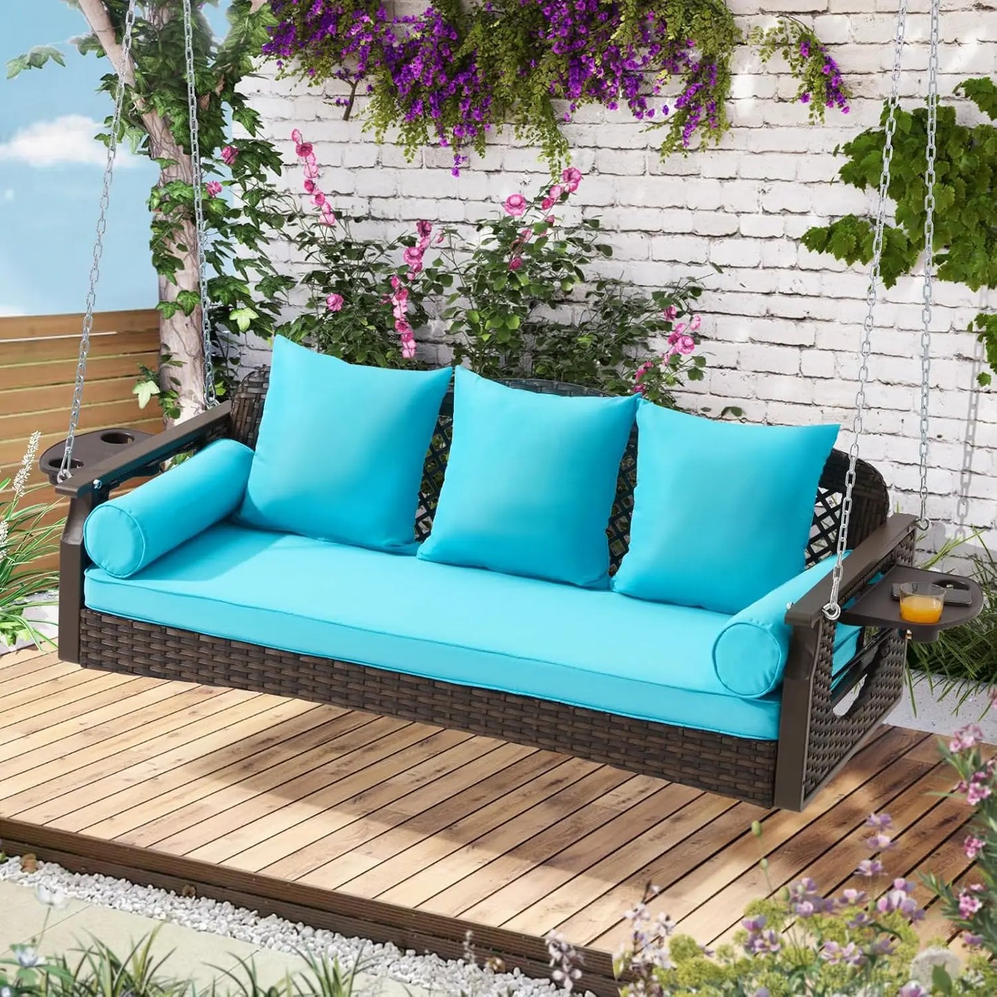 Rattan Porch Swing 3 Seat With Cup Holders And Cushions