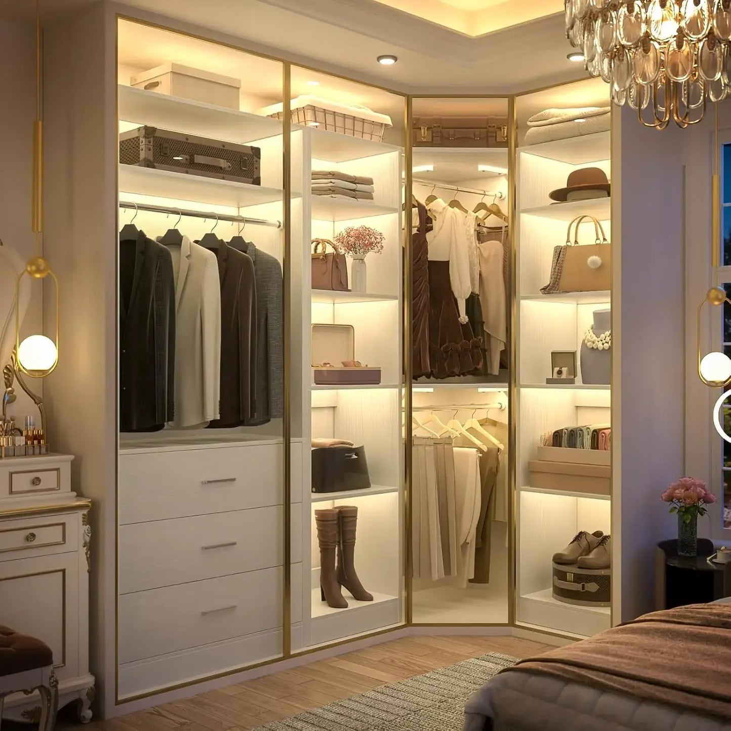 Corner Closet System With 3 Drawers, Shelves And Hanging Rods