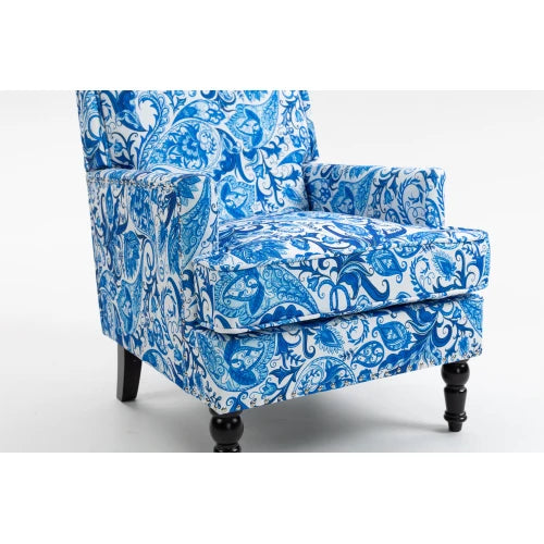 Upholstered Accent Chair Vintage Armchair With Porcelain Print Linen Fabric
