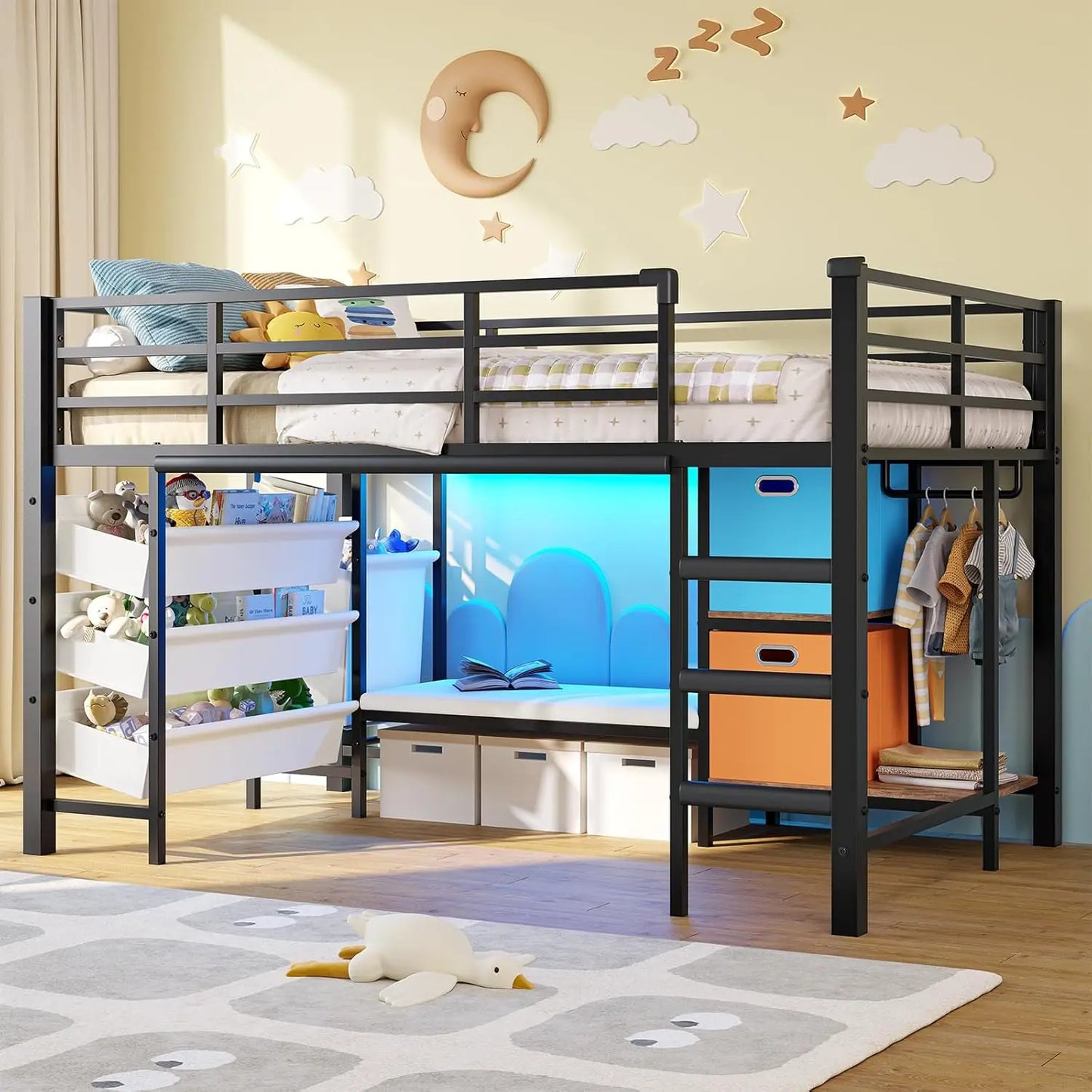 Twin Loft Bed With Reading Corner And LED Lights Guardrail