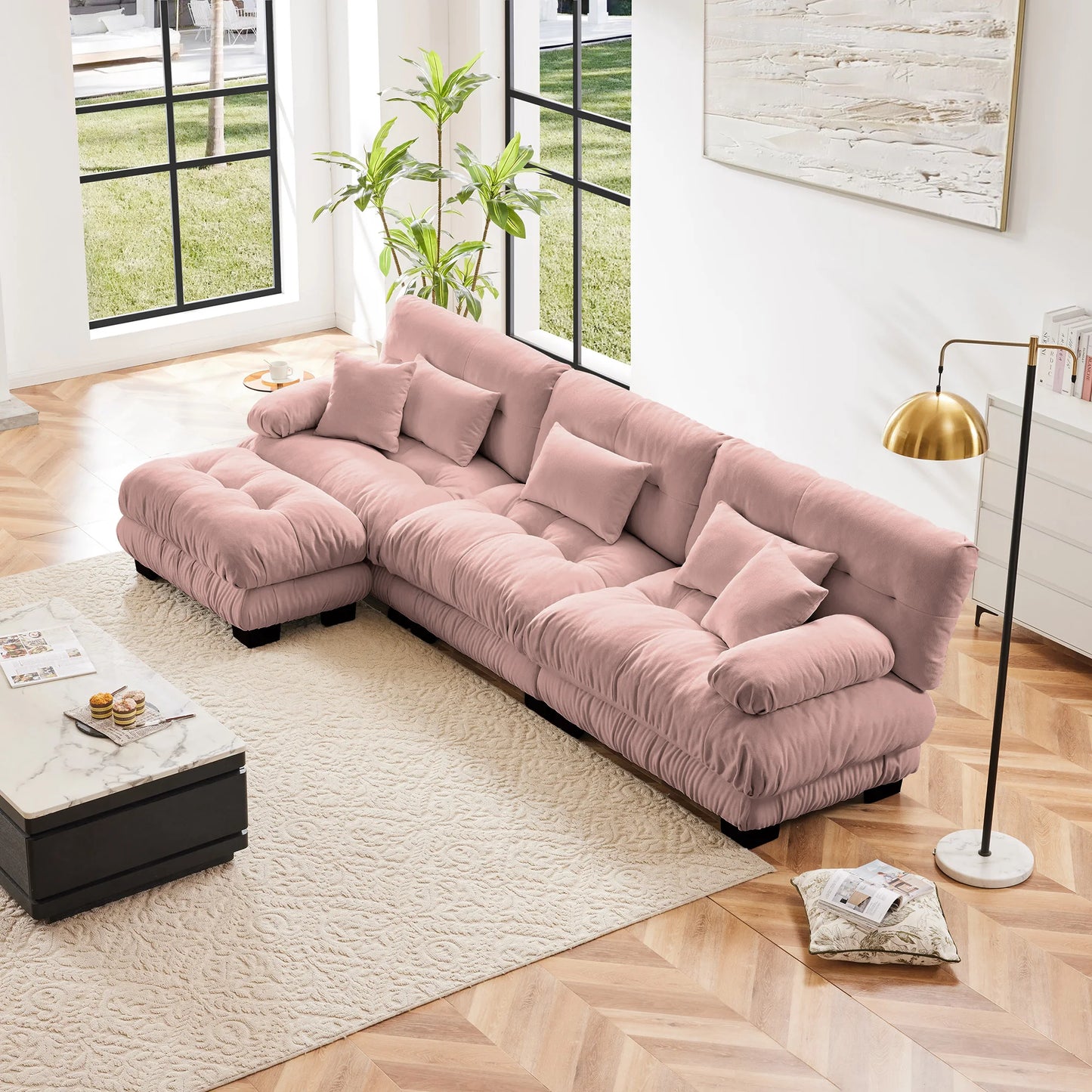 Chenille Modular Sectional Sofa Couch With Ottomans