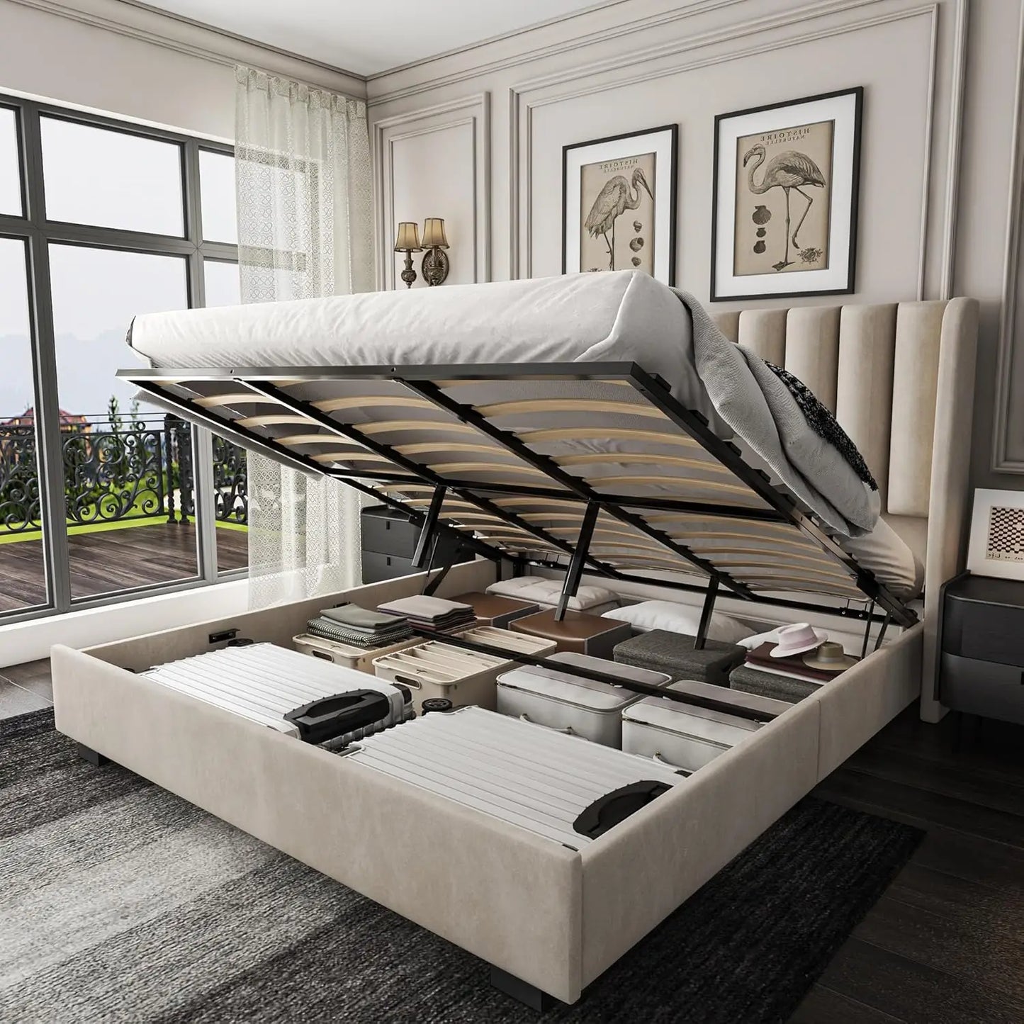Upholstered Lift Up Bed Frame With Velvet Wingback Tufted Headboard