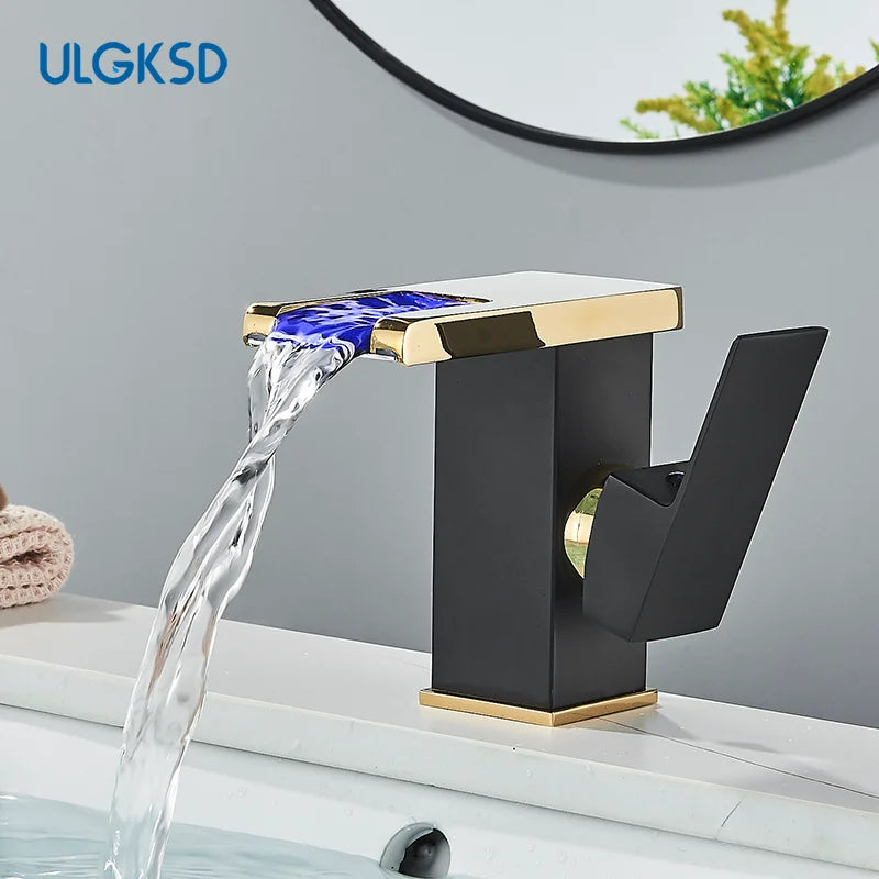 ULGKSD Bathroom Sink Faucets Cold&Hot Hydroelectric LED Basin Faucet Deck Mounted Waterfall Mixer Tap Kitchen Dual-use Tap Crane
