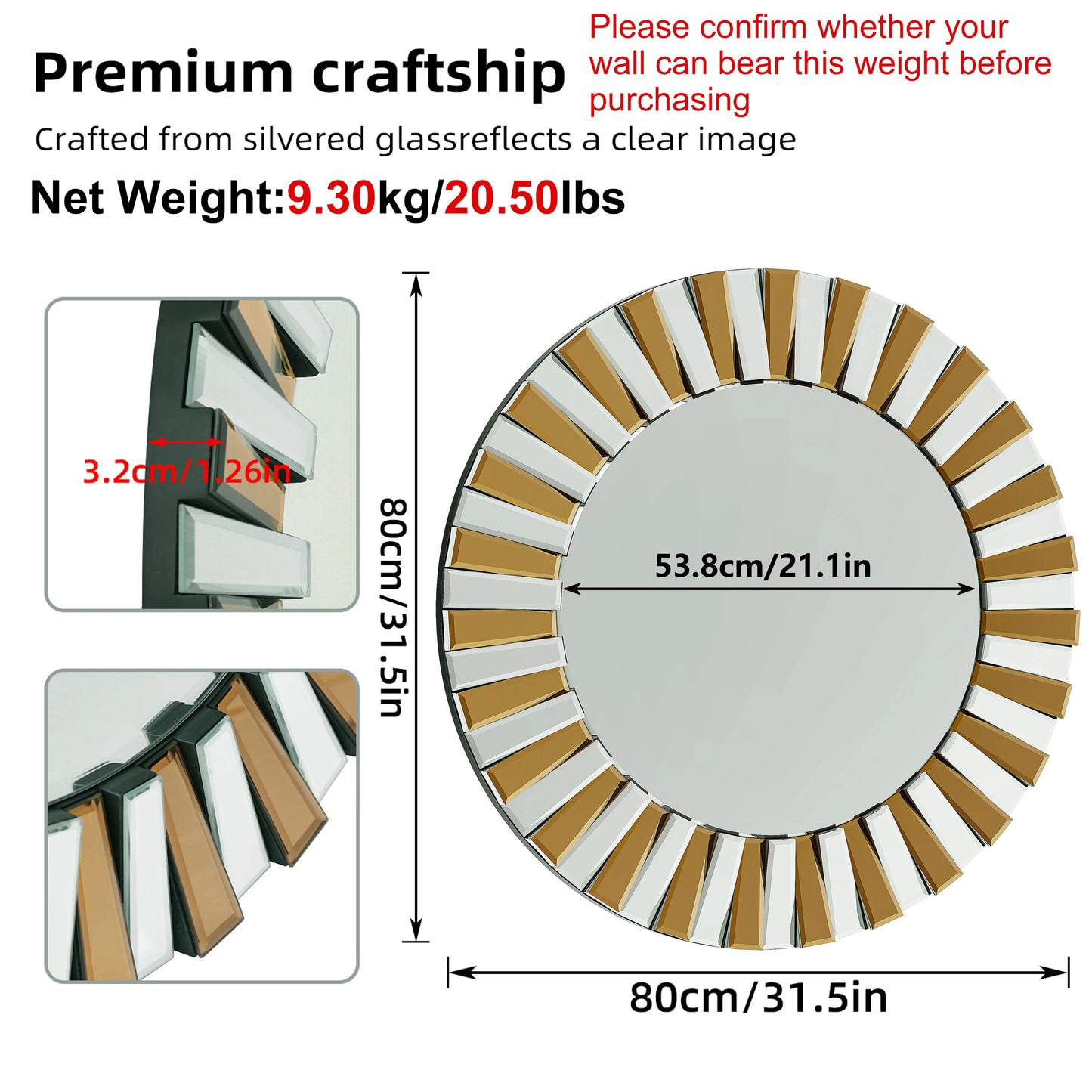 Round Starburst Wall Mirror For Bathroom And Living Room Decor