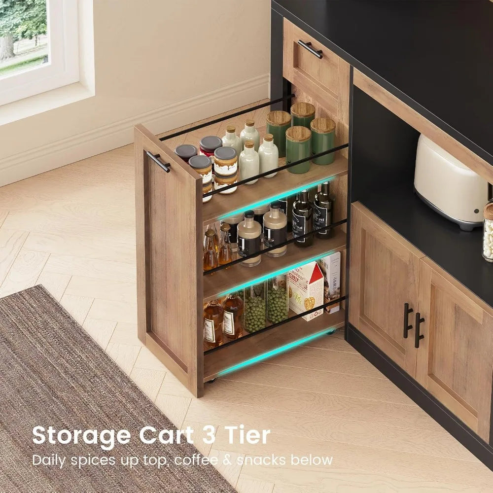 Pantry Cabinet With Charging Station And LED Light Microwave Stand