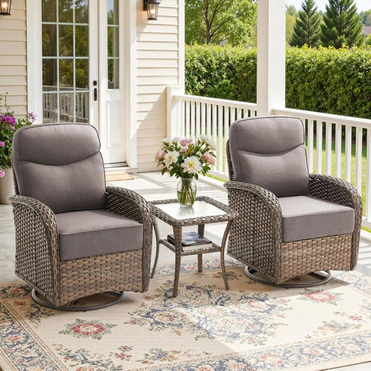 Luxurious 3 Piece Patio Conversation Set With Cushions And Swivel Rockers