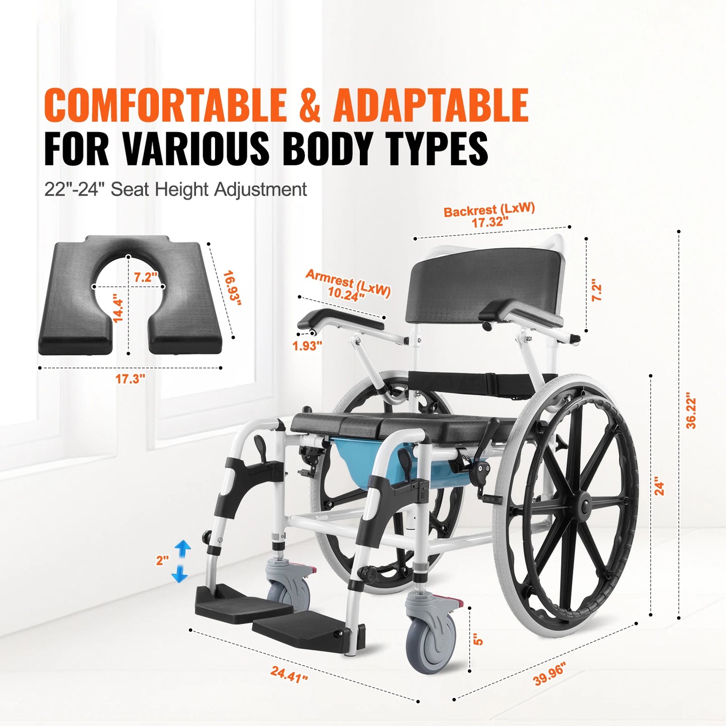 Shower Wheelchair Adjustable Rolling Chair For Disabled Adults