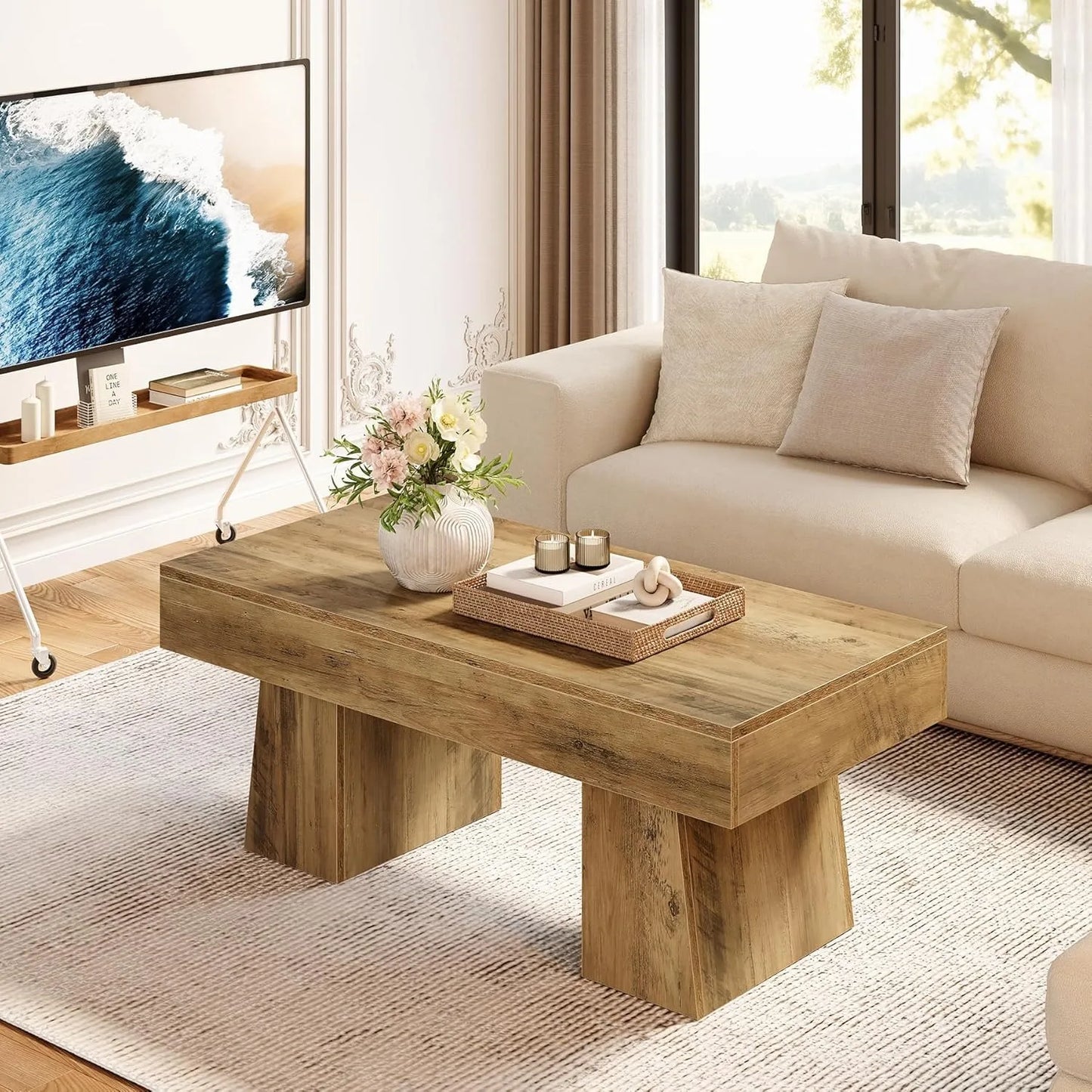 Little Tree Farmhouse Coffee Table Wooden Rectangular Center Table