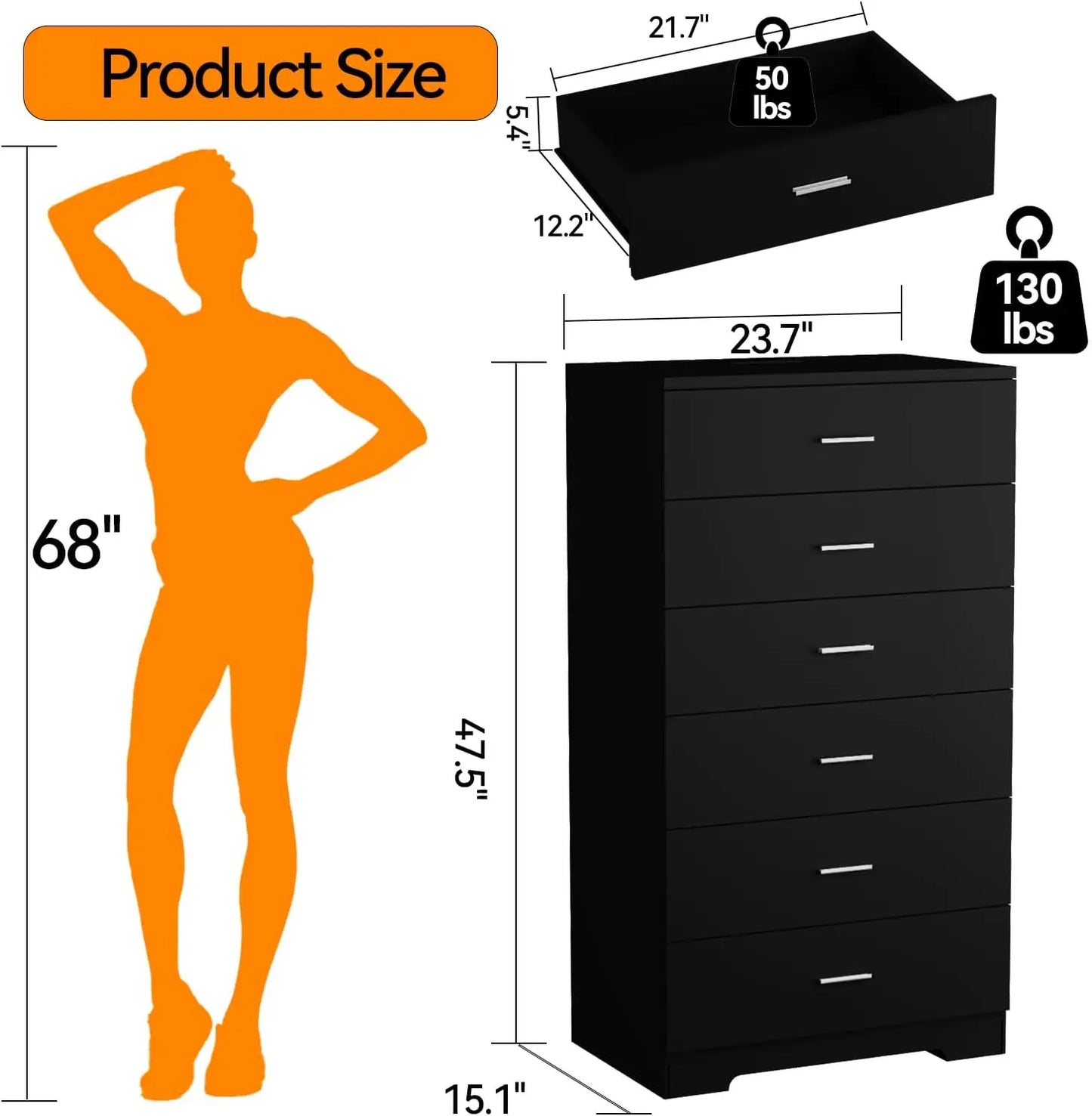 Wood Dresser With Power Outlets And Six Large Drawers