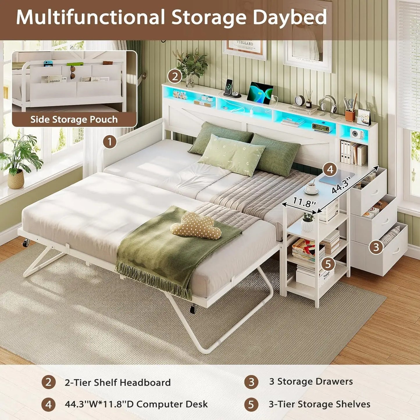Daybed Twin With Pop Up Trundle Farmhouse Wooden Frame